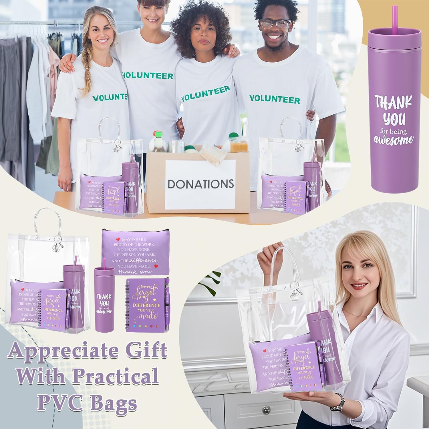 Funnymoom 48 Pcs/8 Sets Employee Appreciation Gifts 8 Thank You for Being Awesome Tumblers 8 Notebooks 8 Ballpoint Pen 8 Makeup Bags 8 Keychain 8 Bag for Women Men Coworker(Purple)