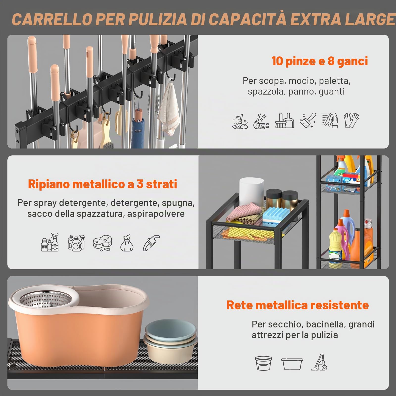 Porta Scope e Organizzatore per Prodotti di Pulizia – Soluzioni di Stoccaggio per Lavanderia e Ripostiglio con Supporto per Attrezzi, Porta Spazzole, Ganci, Griglie per Mop, Carrello per Pulizie