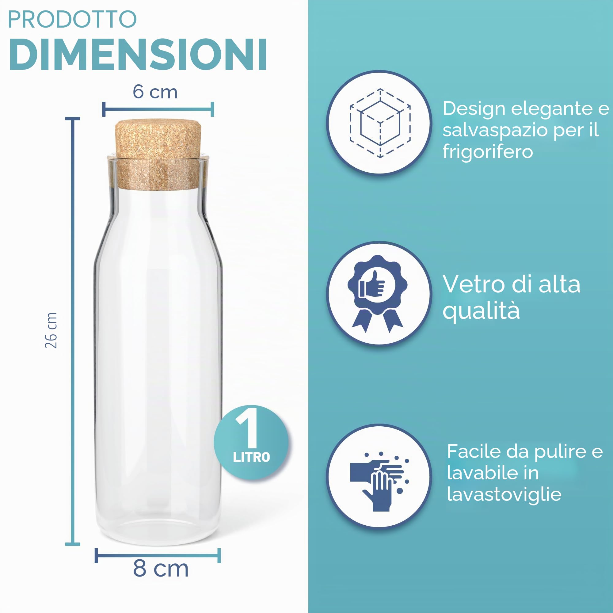 HEFTMAN Set di 2 Bottiglie Vetro 1 Litro - Caraffe in Vetro Trasparente per Bevande Calde e Fredde, Caraffa Acqua con Coperchio in Sughero, Barattoli di Ammorbidente Riutilizzabili con Tappi