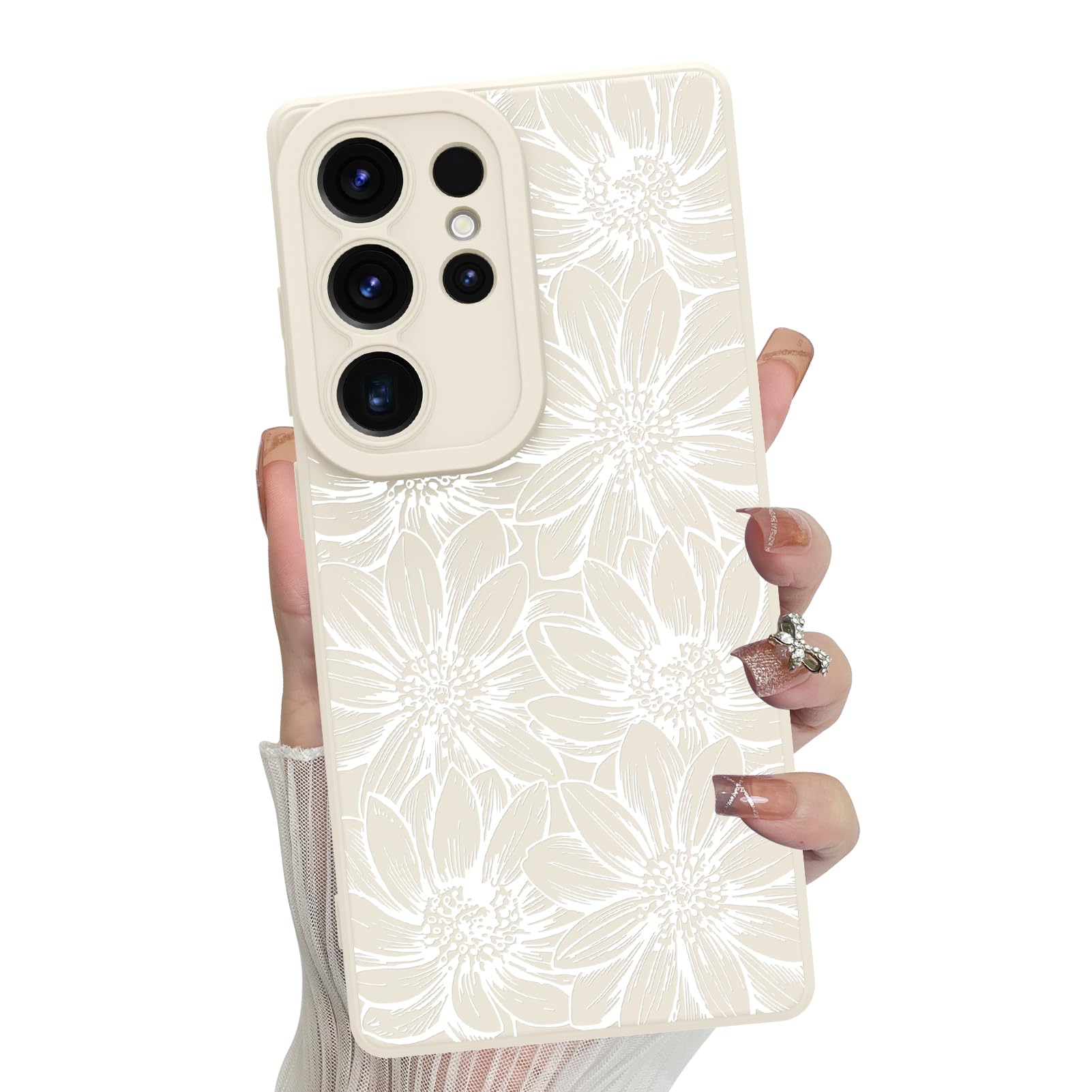 MZELQ for Samsung Galaxy S25 Ultra Case, Silicone White Floral Flowers Sunflowers Cute Pattern, Camera Protection Soft Slim Phone Case for Girls Women