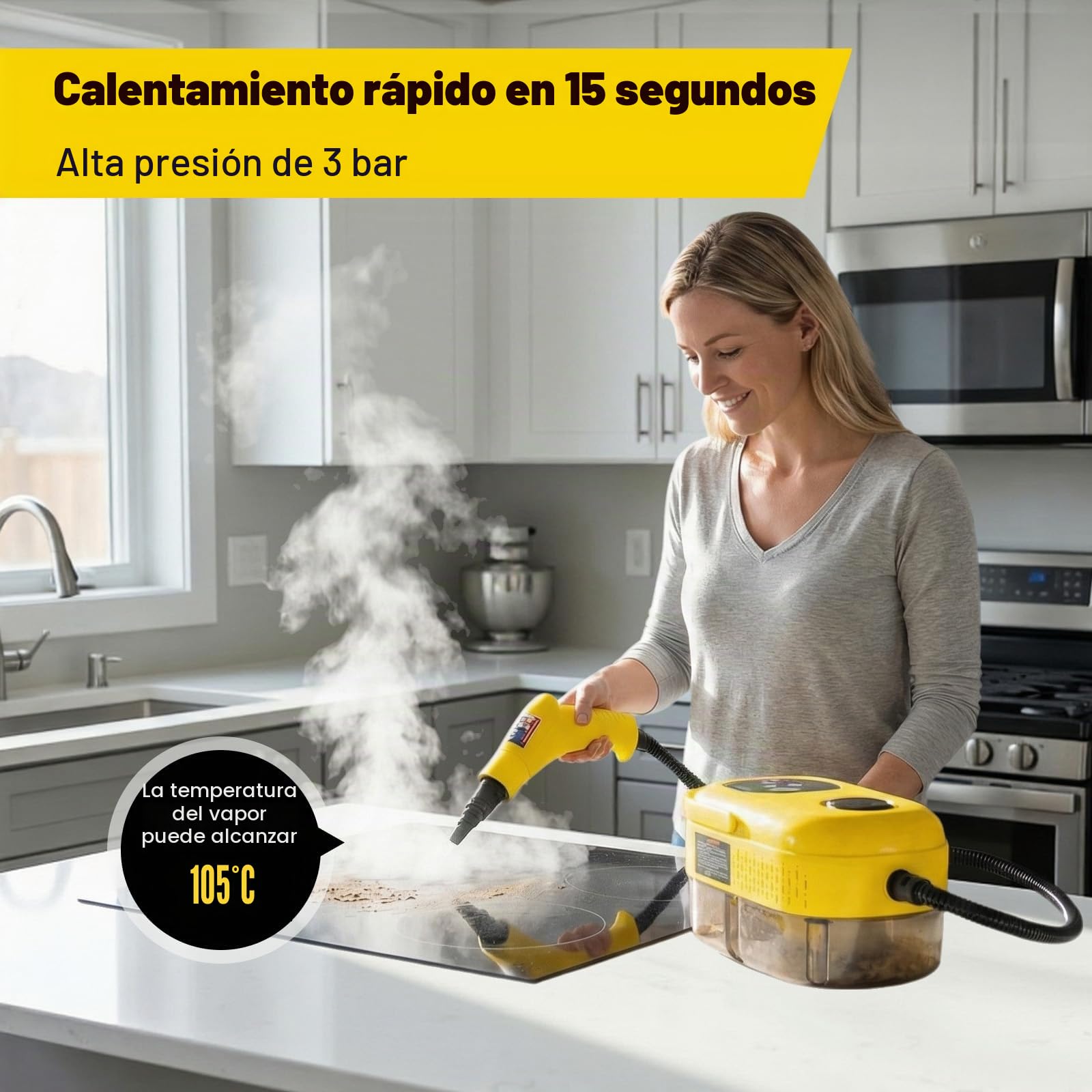 Vaporeta Limpieza Hogar Potente 2500W, 3 Bar, 6 Niveles,Depósito 1100ml, | Limpiador a Vapor de Mano 12 Accesorios,Vaporeta para Cocina Baño Sofá Coche