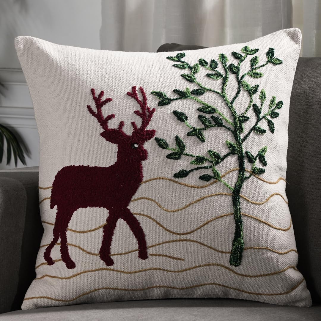 Handmade Spring Valentines Reindeer Cushion Cover Hand Embroidered Home Decoration Pillow Cover Made with Cotton Soft Durable Material Square Throw Pillow 20 x 20 Inch