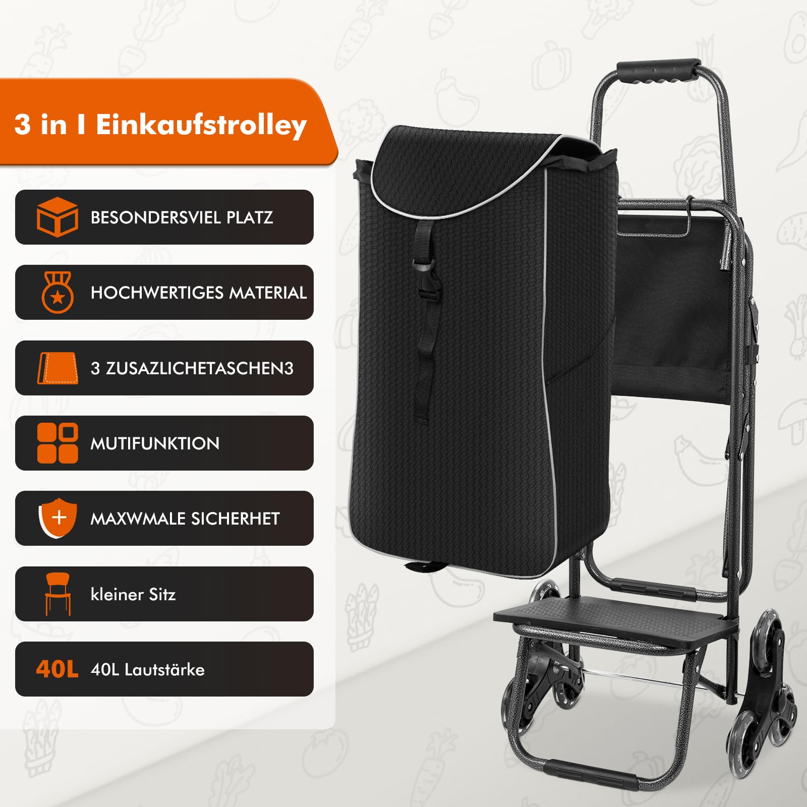 3 in1 Einkaufstrolley Klappbar,Einkaufswagen m𝐢t 40L Kapazität und belastbar bis 30kg,Einkaufstrolley mit Sitz,Einkaufstasche mit Rollen,Wasserfest Einkaufstrolleys Treppensteiger,Schwarz
