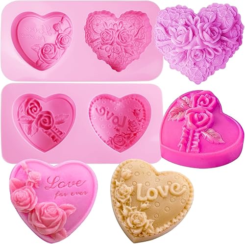 Moldes de silicona para jabón, 4 tipos de flores 3D, moldes de silicona de corazón para hacer jabón, pasteles, dulces, chocolate, postre, regalo