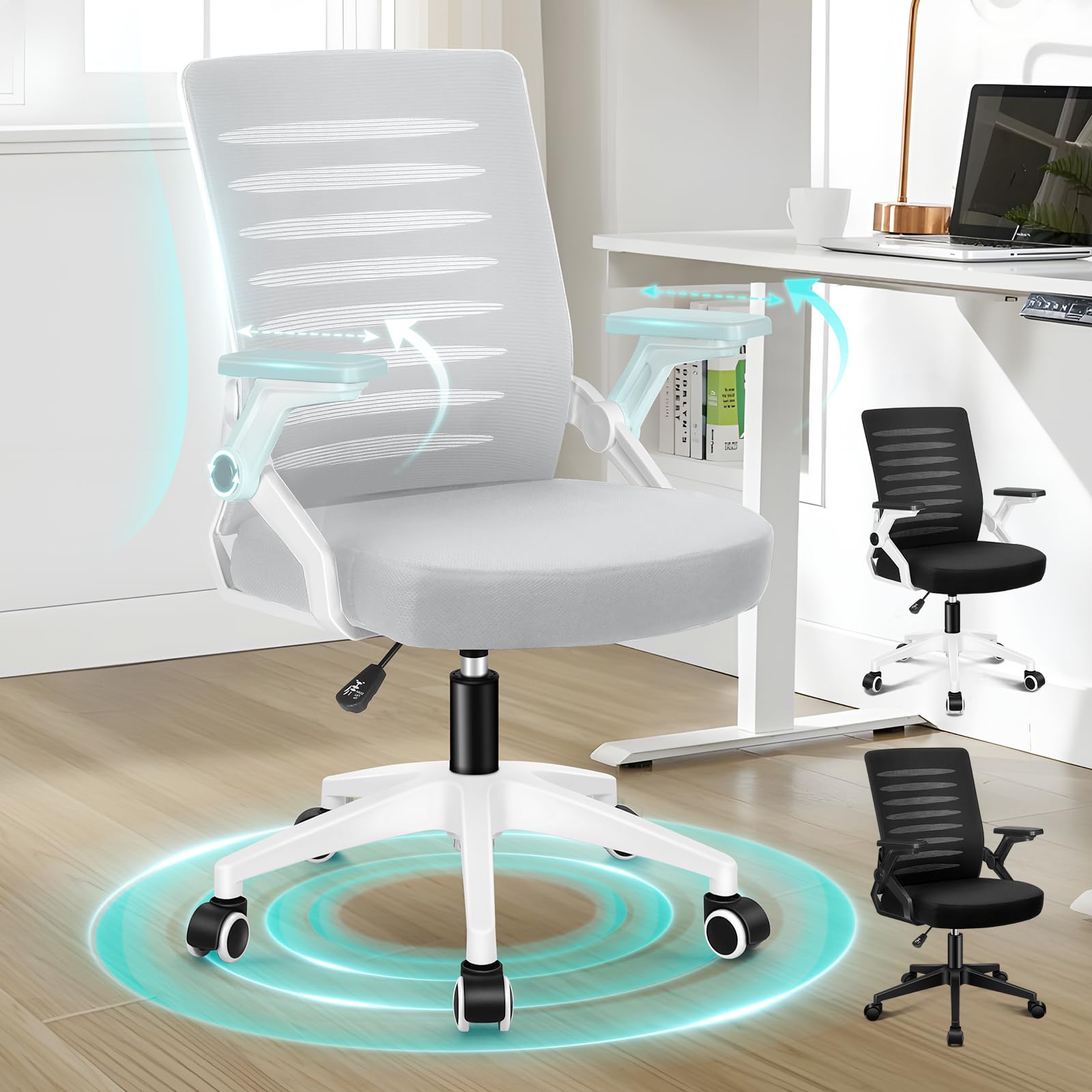 ALFORDSON Silla de Escritorio, Asiento de Espuma de Alta Resiliencia, Estructura de PP y Metal Resistente, Respaldo en Curva S, Reposabrazos Abatibles y Retráctiles, 180kg, Wale, Blanco y Gris