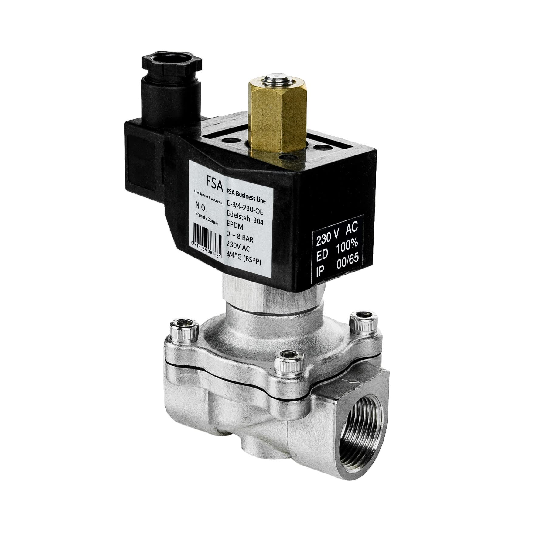 FSA Magnetventil 230V 3/4 Zoll Edelstahl 304 EPDM stromlos offen