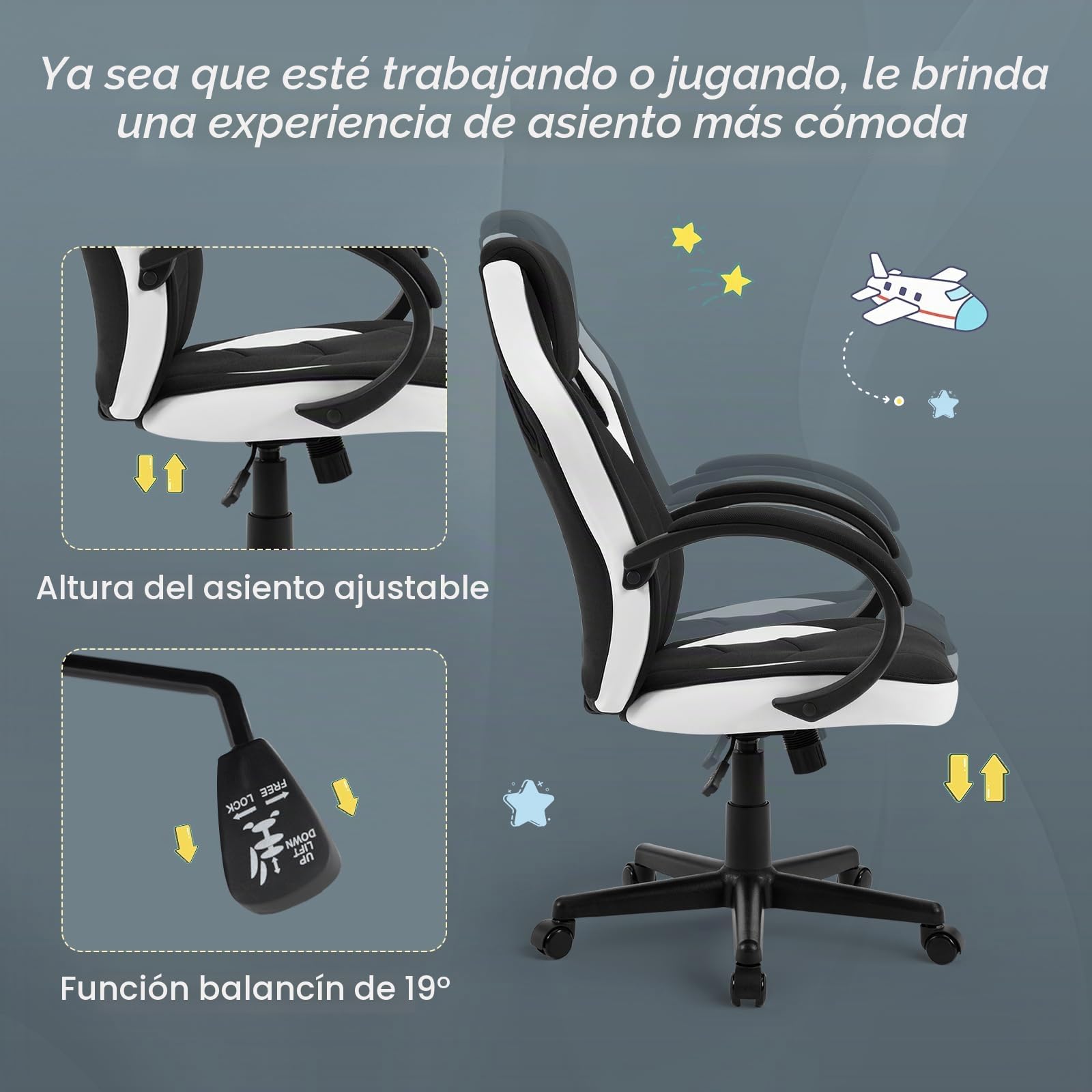 WOLTU Silla Gaming,Silla de Oficina Ergonómic,Blanco+Negro | con Tela Transpirable,Giratoria con Ruedas Silenciosas, con Reposacabezas y Apoyabrazos, Carga Máxima 150 kg