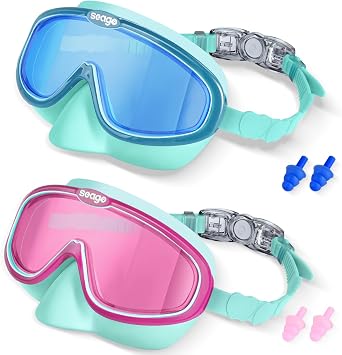 Seago Kids Swim Goggles 2 Pack for 3-12, Anti-Fog UV Protection Clear Wide View No Leaking, Pool Water Toddler Goggles with Nose Cover Swimming Goggles for Kids 6-14 3-5 3-6 4-7 Boys Girls