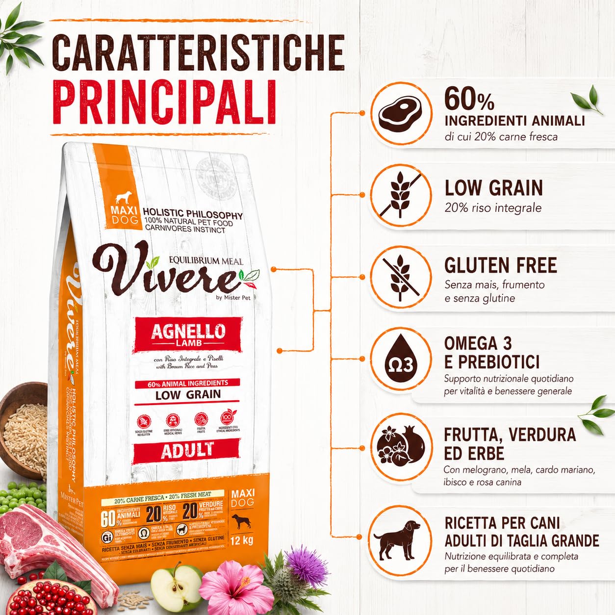 Vivere Adult Maxi Crocchette Cane Adulto 12 kg con Agnello, Mangime Secco Low Grain Gluten Free per Cani Taglia Grande, Alimento Completo con Omega 3, Prebiotici, Frutta ed Erbe, 12 kg