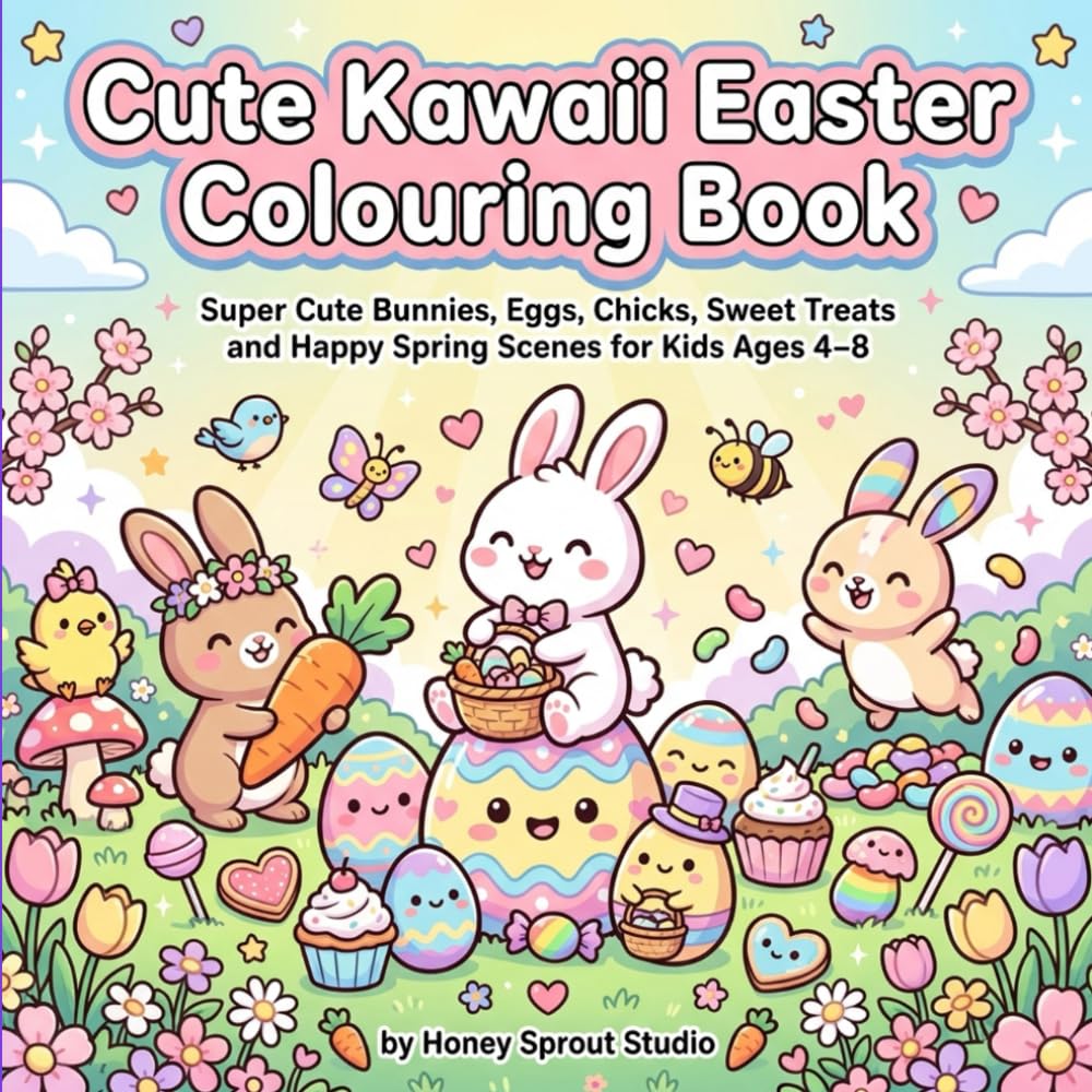 Cute Kawaii Easter Coloring Book: Super Cute Bunnies, Eggs, Chicks, Sweets and Happy Spring Scenes for Kids Ages 4-8