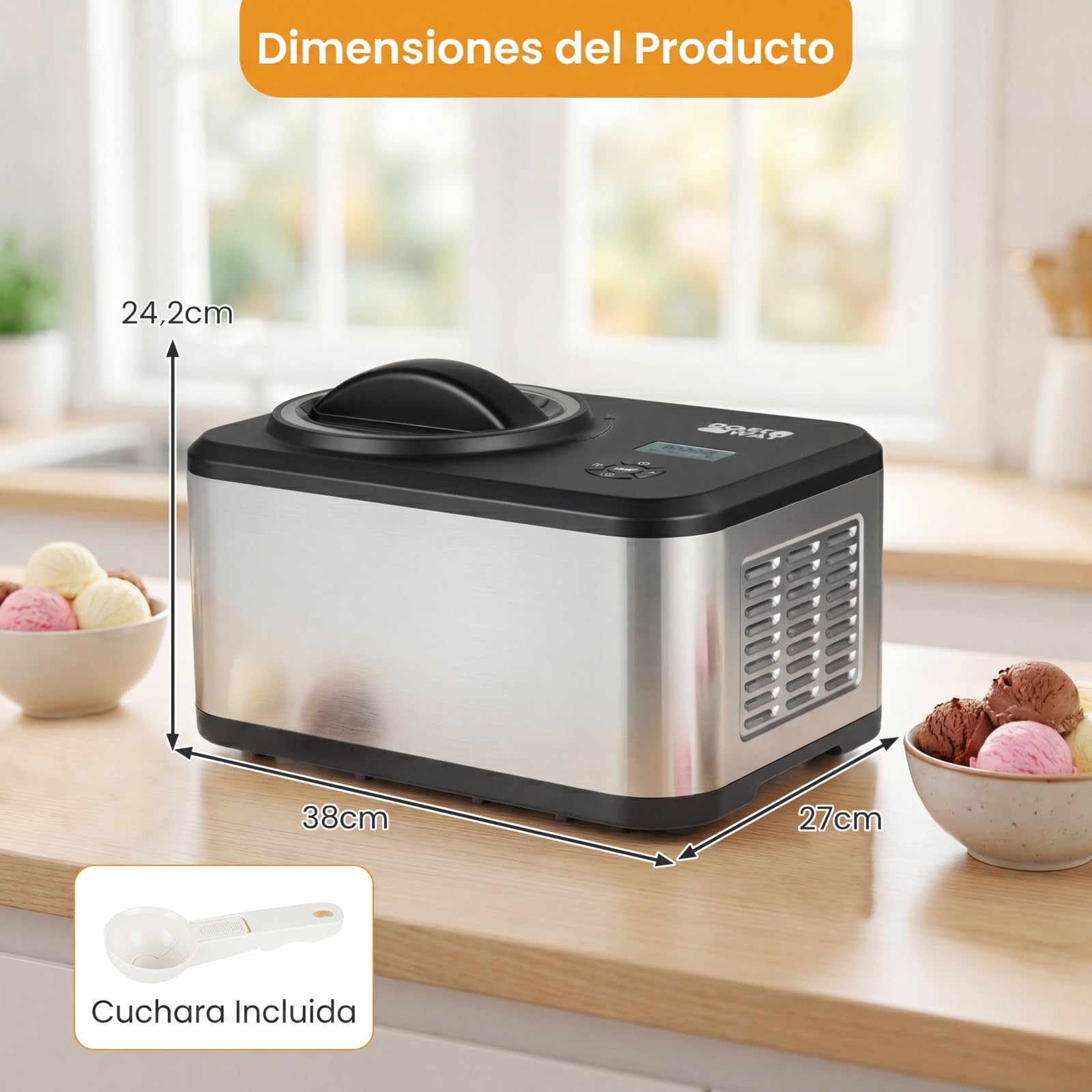 COSTWAY Máquina de Helados 1,5 L, Heladera de Acero Inoxidable Casera con Compresor Integrado, 4 Modos, Pantalla LCD, Función Temporizador, Máquina para Hacer Helado Gelato Sorbete Yogur para Hogar