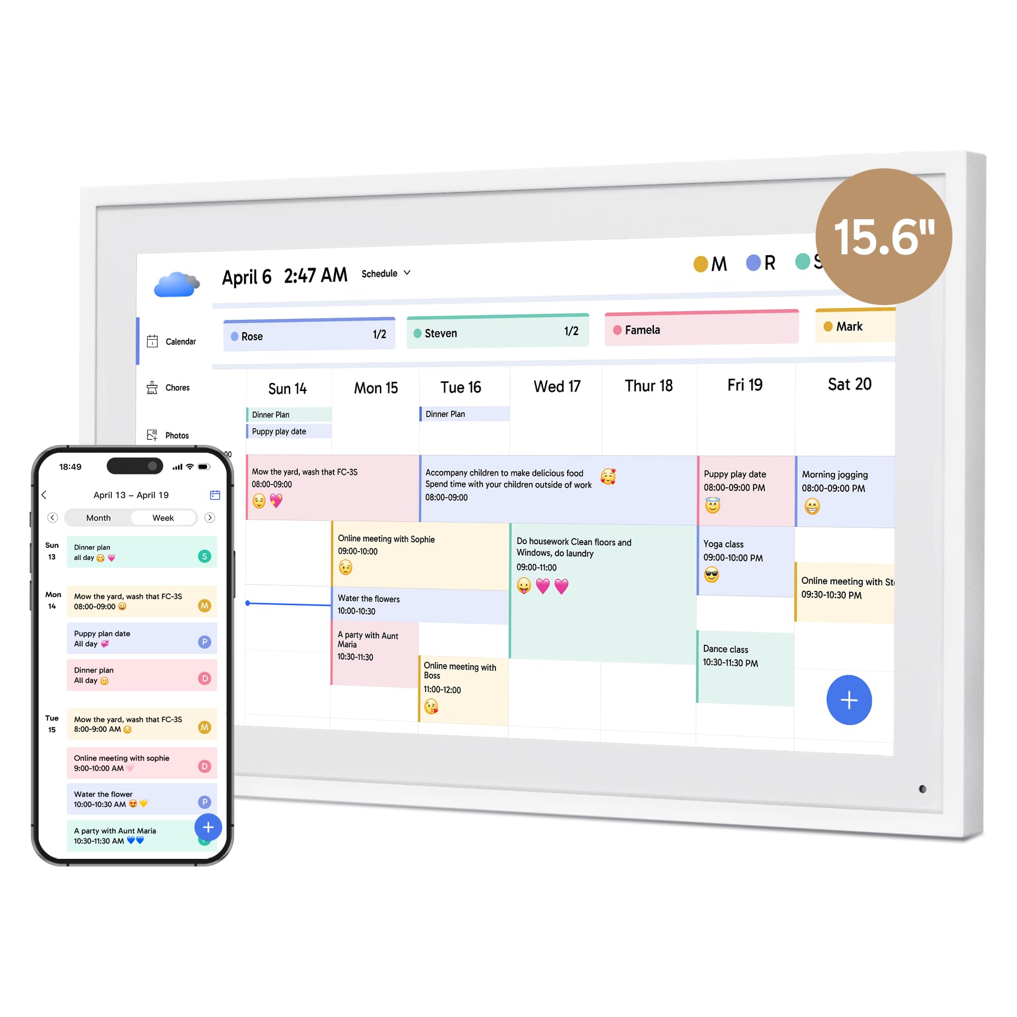 Dragon Touch 15.6 Zoll Digitaler Kalender Wand FHD 1920x1080 Elektronischer Familienplaner 32GB Touchscreen Weiß