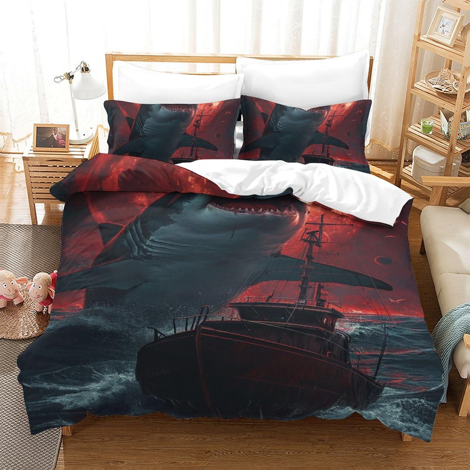 Housse de couette requin blanc 3D avec finitions microfibre haute densité et taies assorties