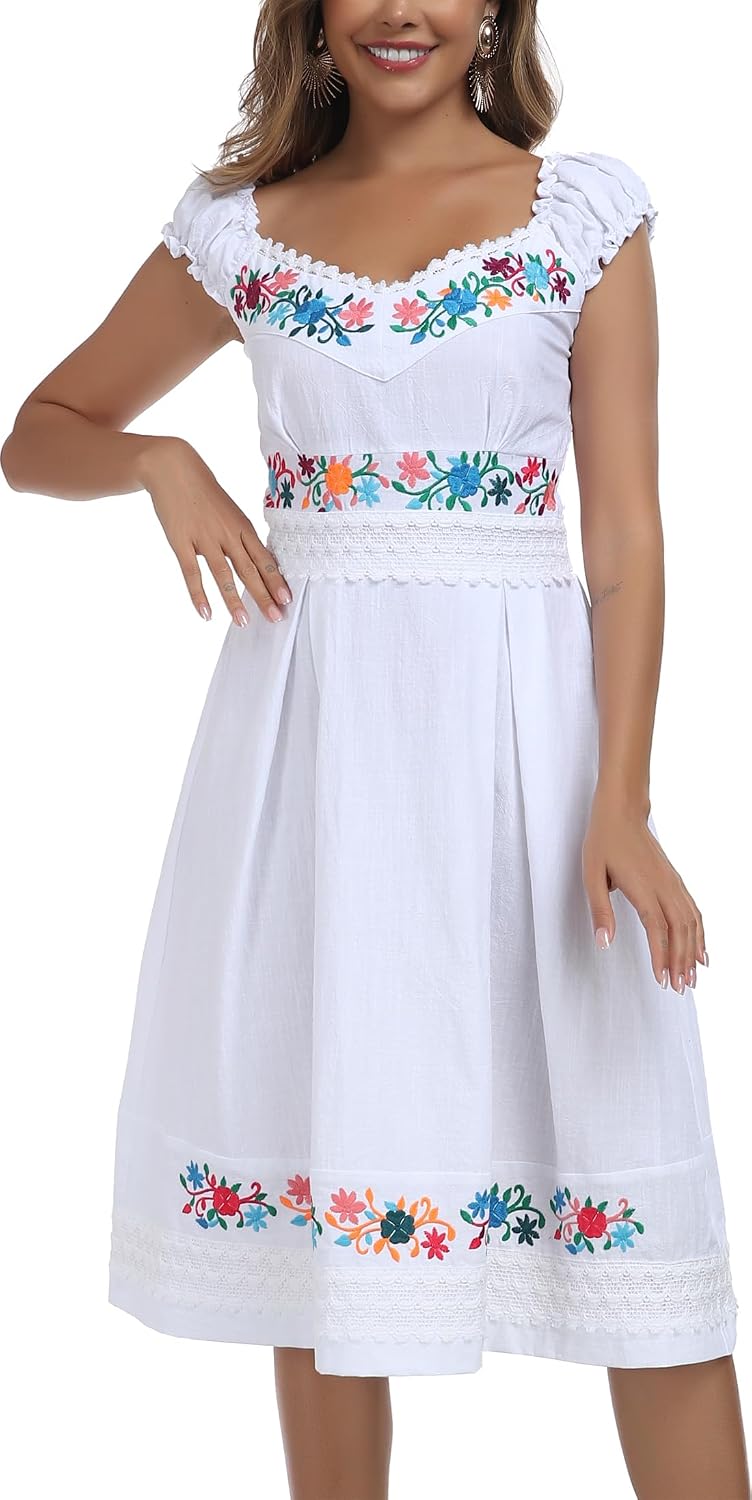 YZXDORWJ Mexican Dress for Women Embroidered Off Shoulder Peasant Cotton Dress Boho Outfit