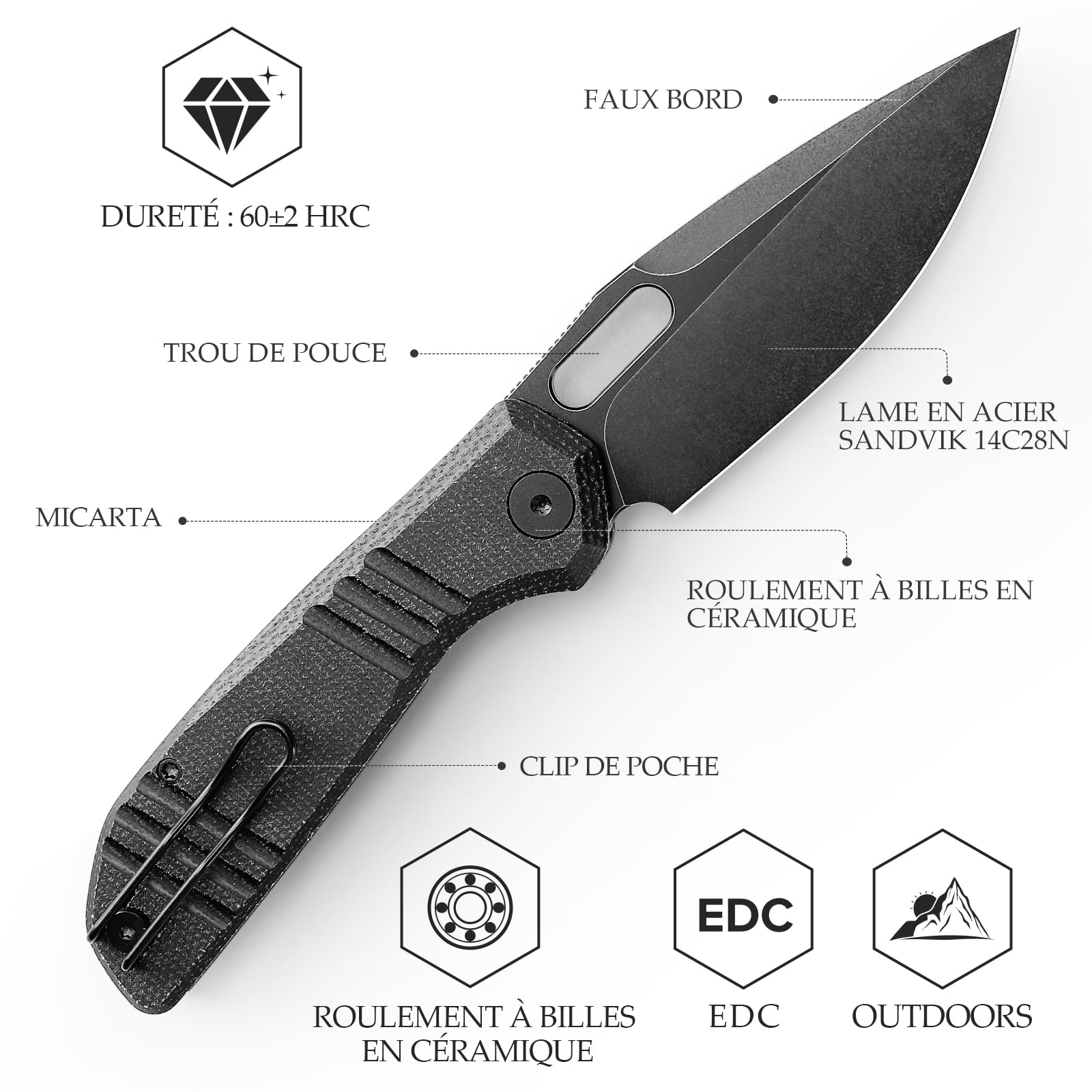 TRIVISA Couteau Pliant, Outil de Randonnée, avec Lame en Acier 14C28N et Clip de Poche, Cadeau pour le Camping,Sport, la Randonnée et les Activités de Plein Air, Gecko-BM (Noir)