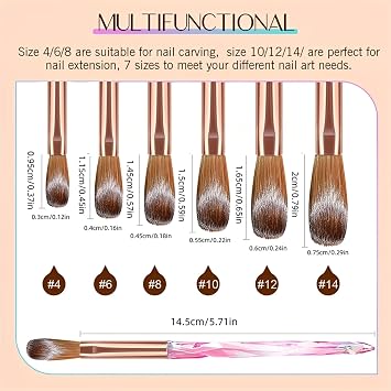 6PCS Acrylic Nail Brush Set - nail Art Brushes Size 4/6/8/10/12/14 - acrylic Powder Nail Brushes - nail Tools Set For acrylic Nails Extension & 3D Carving & Detailing Design