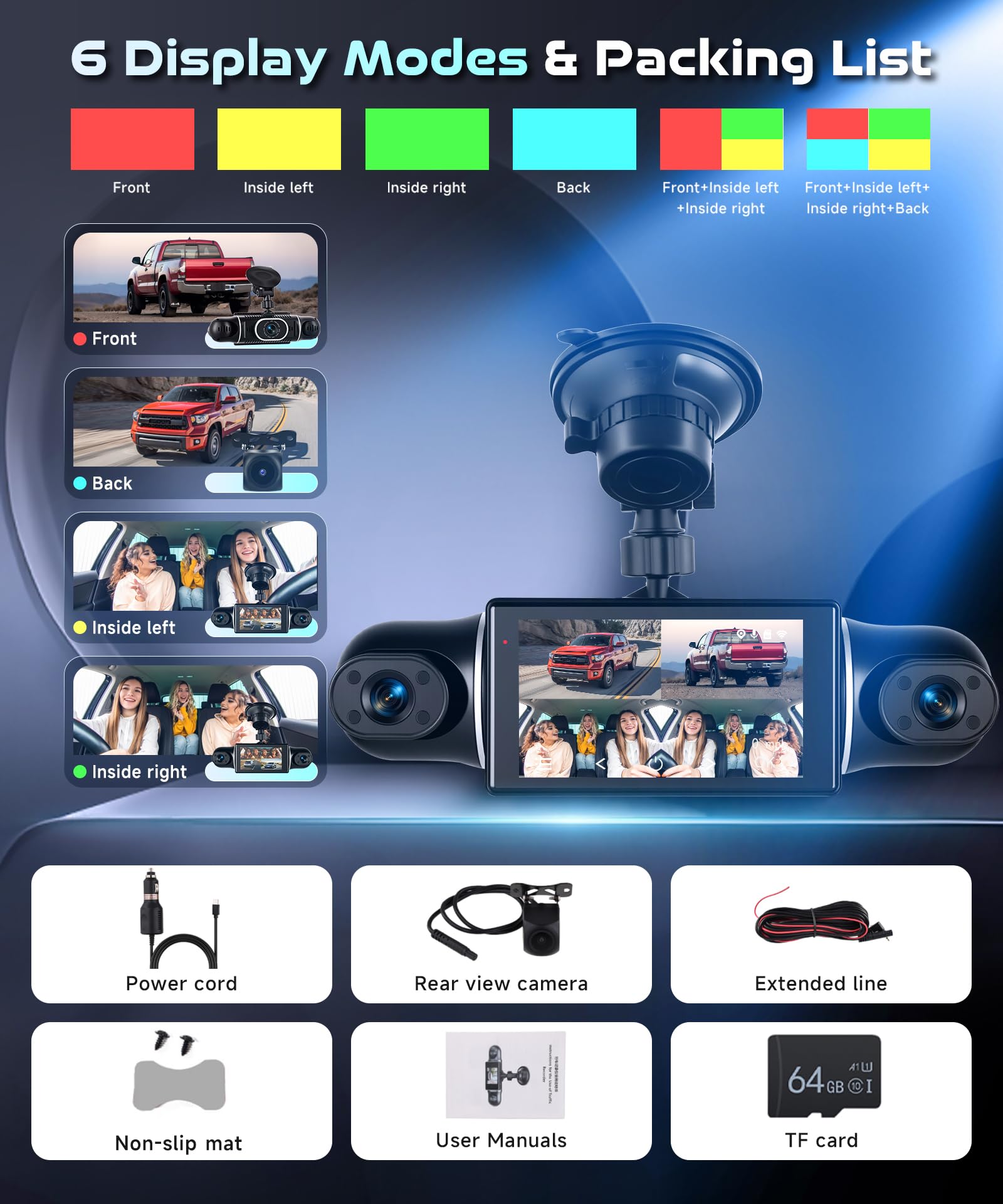 Rimoody Dash CAM 2K 4 Cámaras, WiFi App Viidure, Coche Grabadora 360° con Visión Nocturna, G-Sensor, Asistente de Marcha Atrás, Pantalla 3 Pulgadas para Coche 64 GB Tarjeta