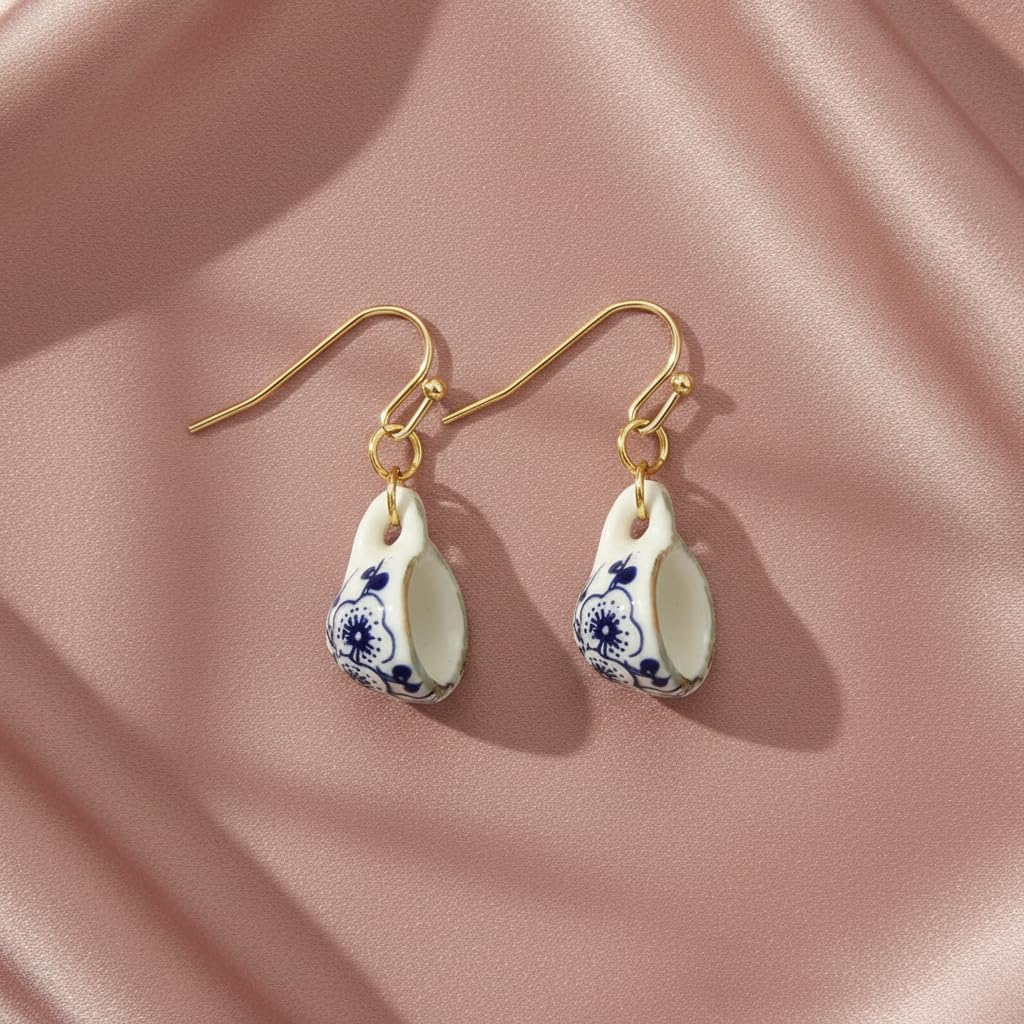 Vintage Blue Flower Ceramic Porcelain Tea Cup Drop Pendant Necklace or Drop Earrings Jewelry Set