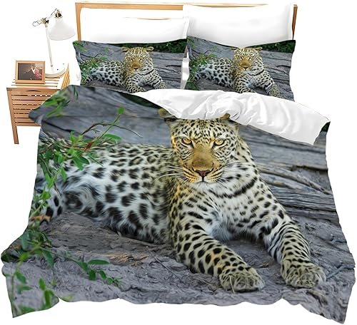 BIAFRA Juego de funda de edredón gris tamaño California King con estampado de guepardo, 3 piezas, diseño reversible, funda de edredón de microfibra