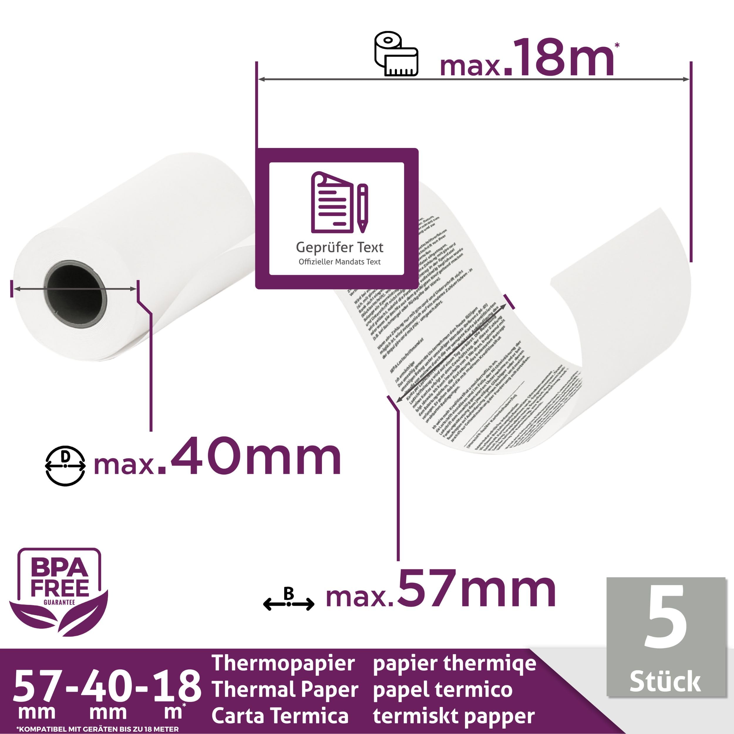 Ec-Cash rolki termiczne 57 mm x 18 m x 12 mm – rolki kasowe – papier termiczny – rolki bonkomatu – czytniki kart kredytowych (57 x 40 x 12) z tekstem obciążenia SEPA (5 rolek)