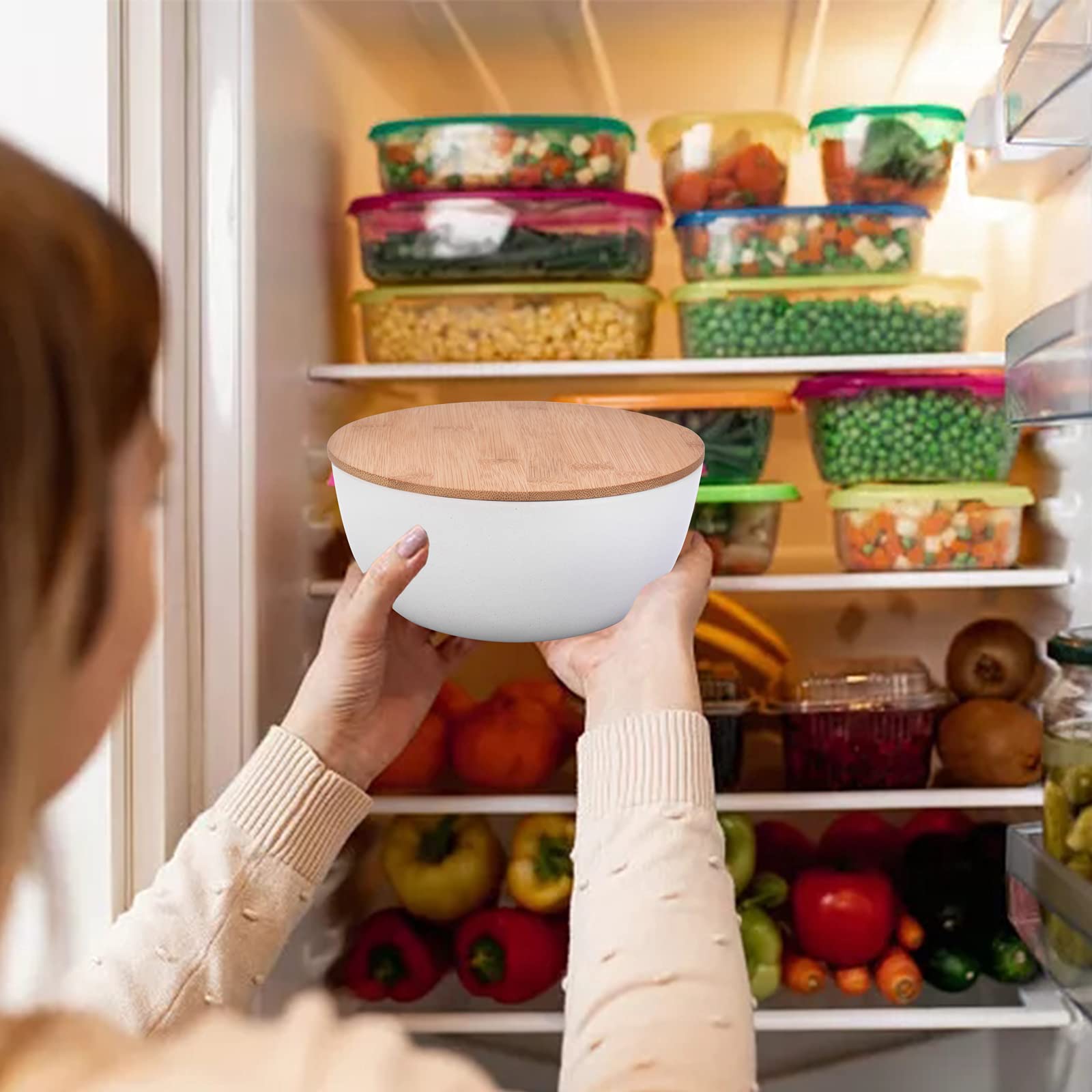 Panghuhu88 Salad Bowl with Lid, Set of 3 (7" + 8.8" + 11") Serving Bowl with Bamboo Cover, Bamboo Fiber Mixing Bowl for Salad Cereal Pasta Soup Fruit Popcorn Chips, White