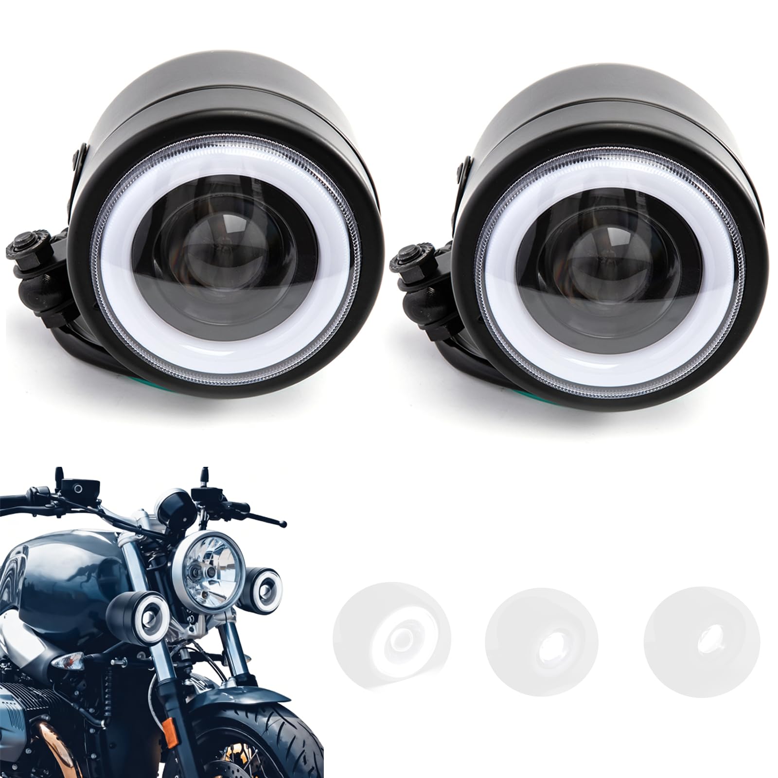runde Motorrad Doppelscheinwerfer Nebelscheinwerfer Motorrad Motorradscheinwerfer für Bobber Street Cafe Racer (Schwarz)