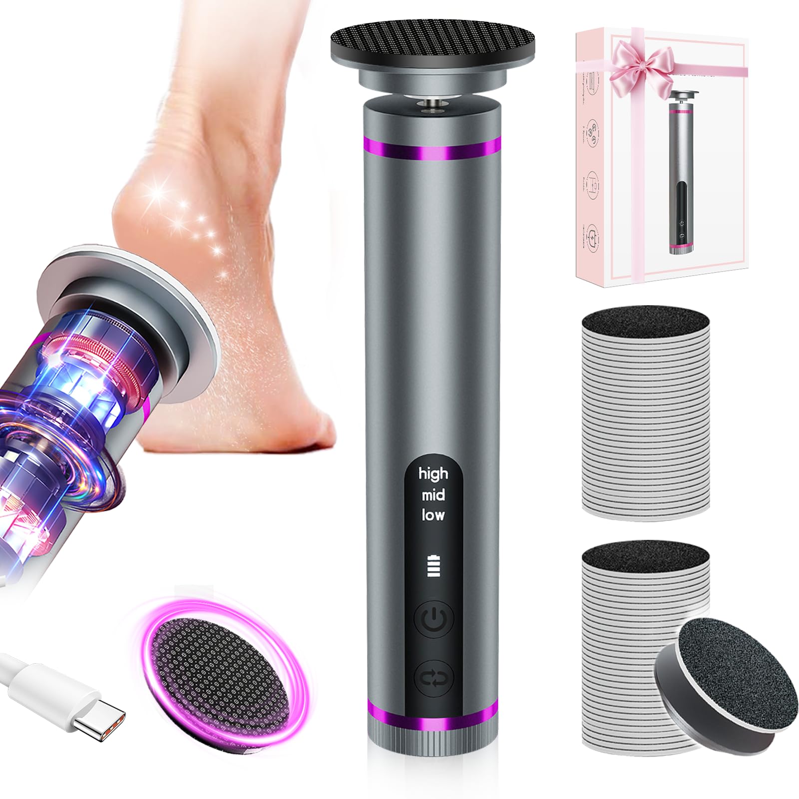 Electric Foot Callus Remover with Nano-Glass Head, Cordless Electric Foot File with 2600mAh Battery, Electric Callus Remover for Feet with 3 Adjustable Speeds, Pedicure Tools for Feet (Grey)