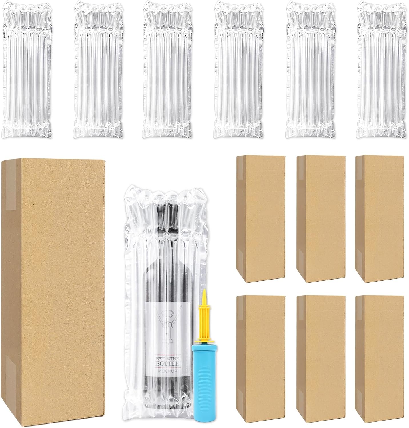 JarThenaAMCS 6 Sets Wine Bottle Travel Protector Bags with Corrugated Box and Pump Inflatable Air Column Bubble Cushion Wrap Pouches Packaging Sleeves for Wine Packing Transport
