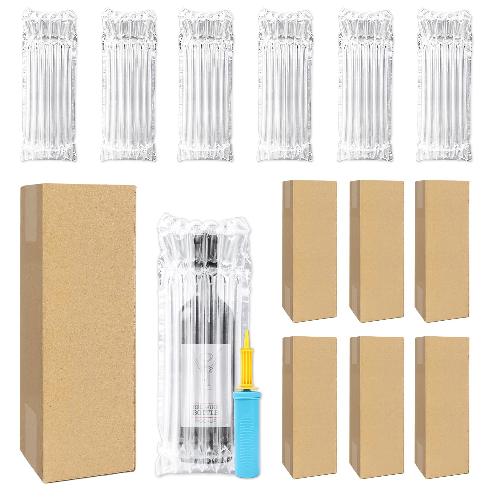 JarThenaAMCS 6 Sets Wine Bottle Travel Protector Bags with Corrugated Box and Pump Inflatable Air Column Bubble Cushion Wrap Pouches Packaging Sleeves