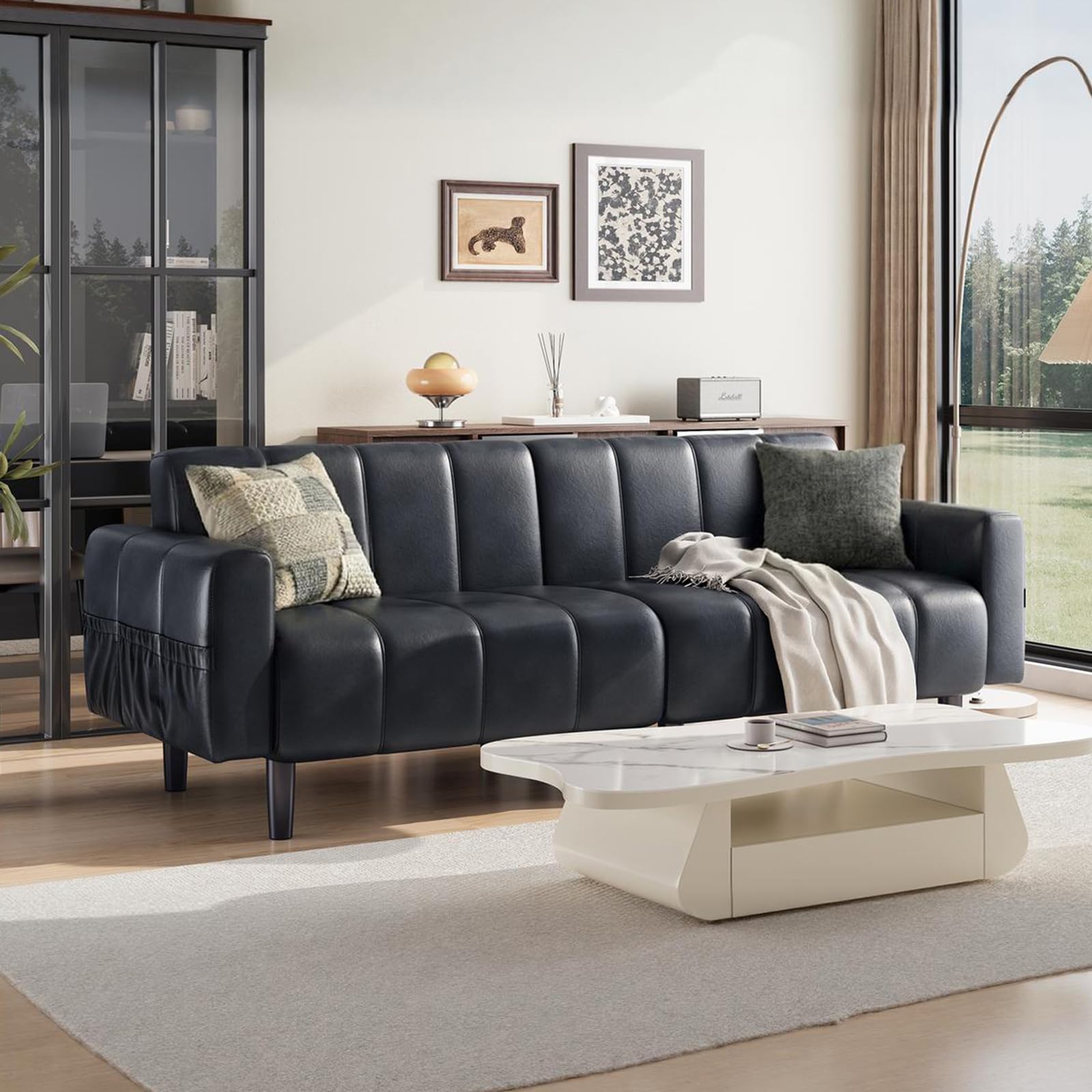 83" Faux Leather Futon Couch,Mid Century Modern Leather Sofa(Black) | Adjustable Backrest,Convertible,Storage Pocket,Wooden&Steel Frame for Office,Living Room,Space-Saving