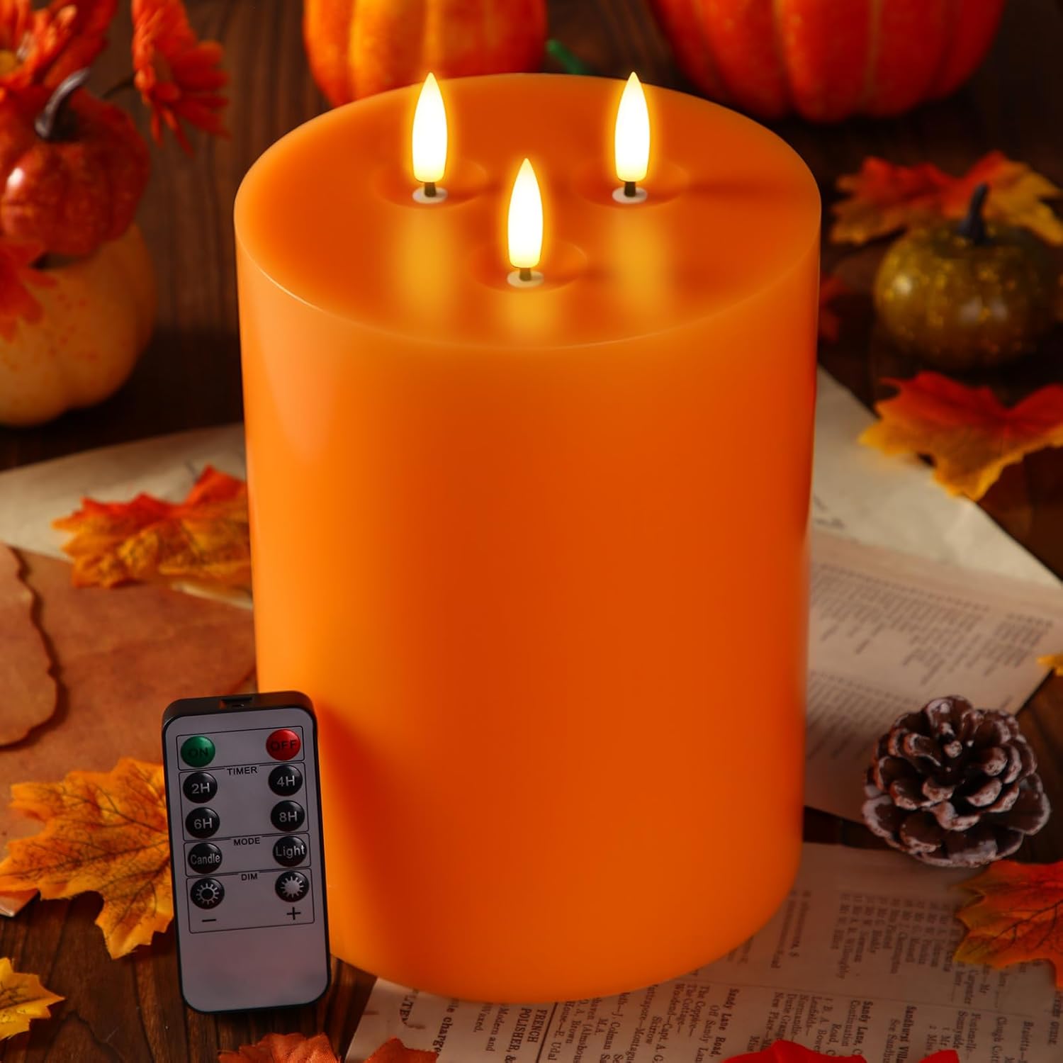 Retisee Orange Extra Large Flameless Candles 6''x8'' LED Battery Operated Real Wax 3 Wicks Flickering Pillar Candle with Remote Control Timer for Halloween, Fall, Thanksgiving Party Decoration Orange 6'' x 8''