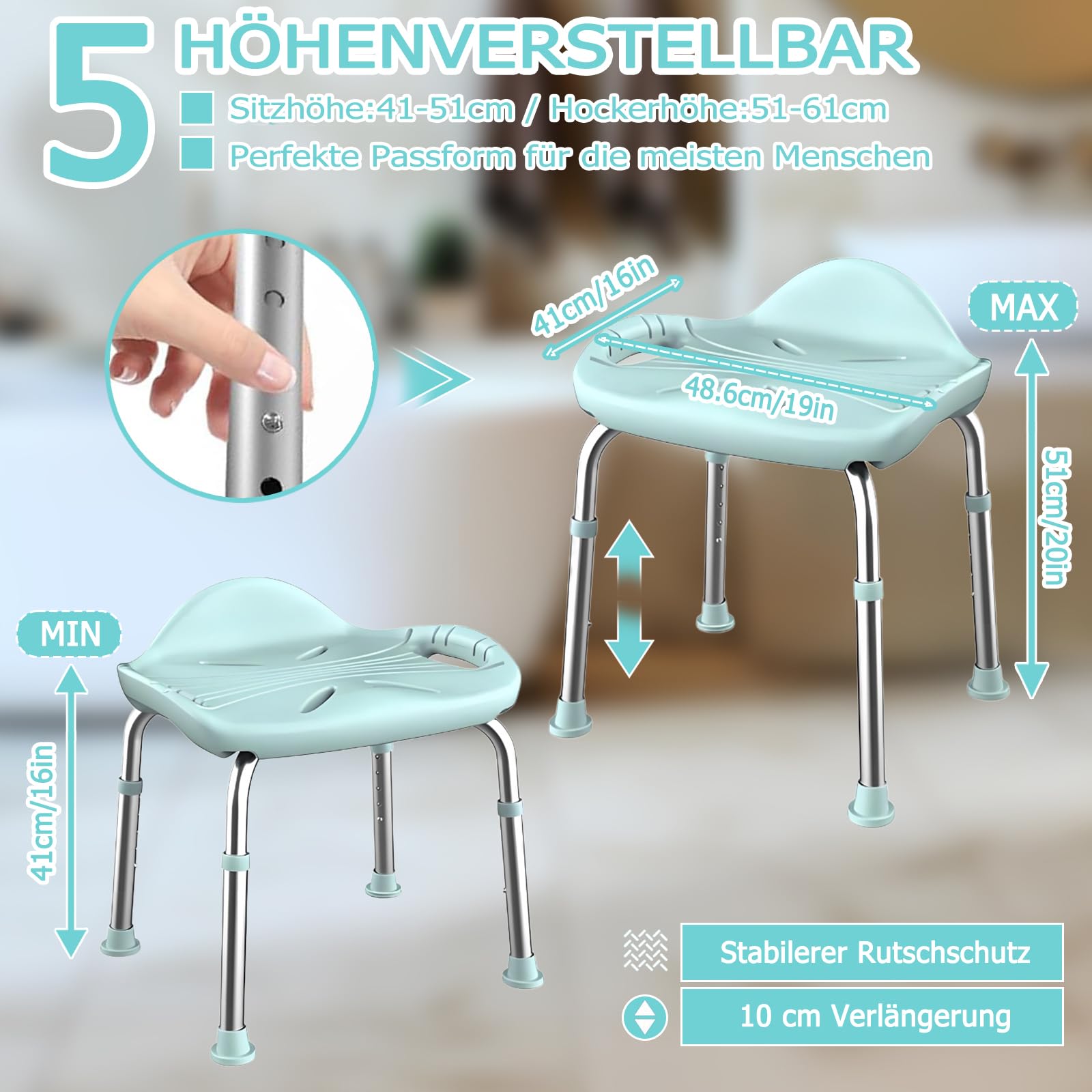 Taboret prysznicowy dla seniorów, obciążenie 150 kg, lekki aluminiowy taboret łazienkowy z regulacją wysokości, krzesło prysznicowe z antypoślizgowymi gumowymi nóżkami, małe oparcie i
