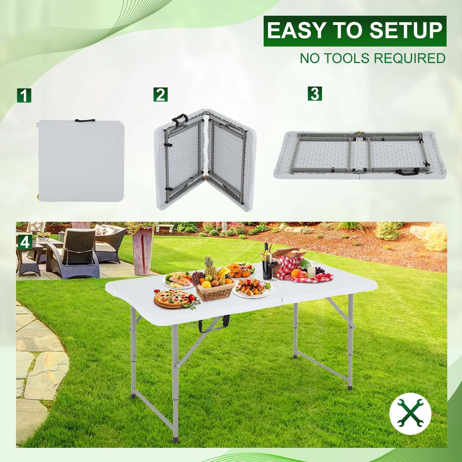 NChanmar 4FT Folding Table, Picnic Camping Table, Foldable Outdoor Table for Picnic, Party, Camping(47 * 29)-White