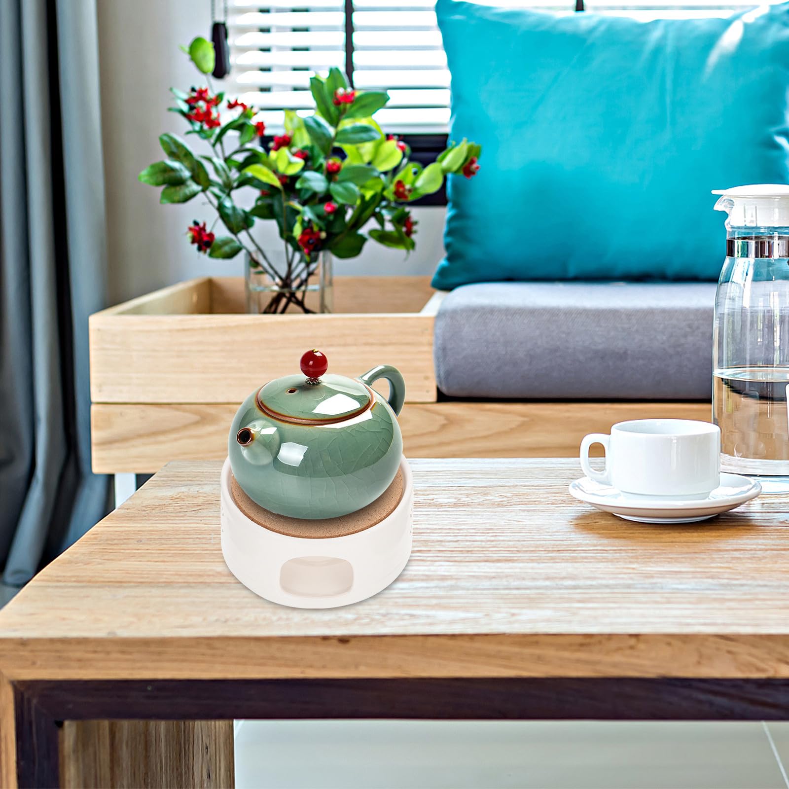 Housoutil Calentador de Tetera de Cerámica y Madera Función de Calentamiento y Conservación de Calor para Accesorios de Té en Cocina