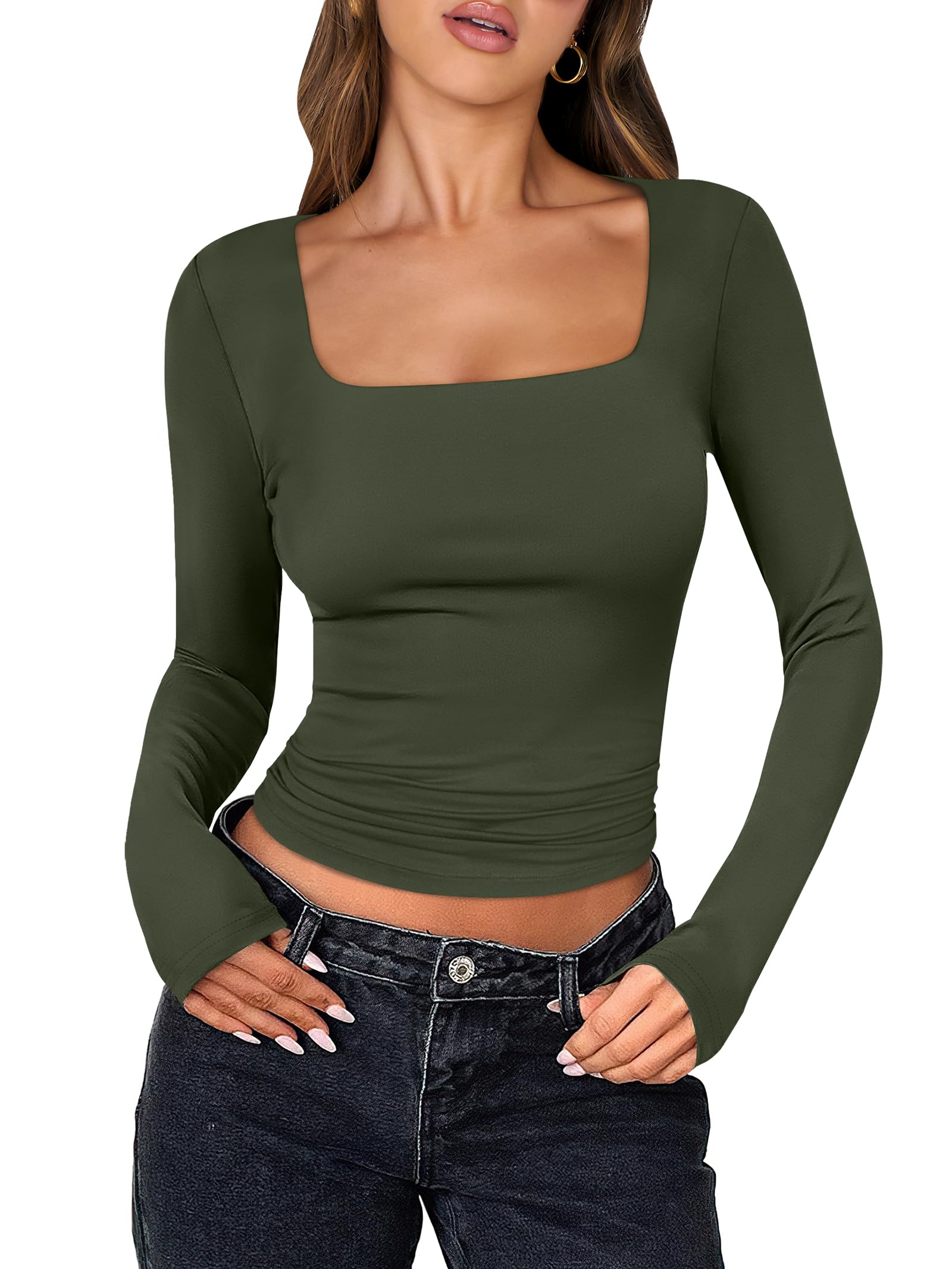 ANRABESS Long Sleeve Shirts for Women Double Lined Crop Tops