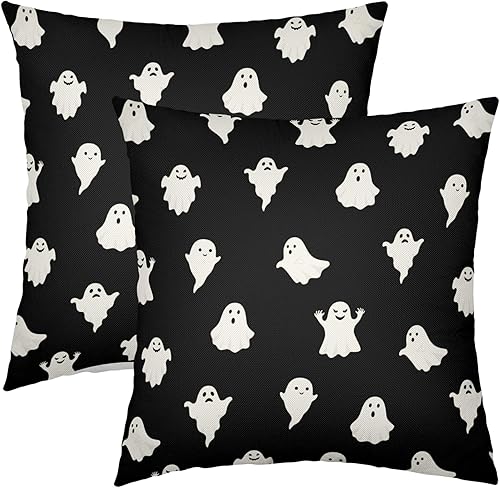 Miniatura 8 de Juego de 2 fundas de almohada de fantasma de Halloween de 18 x 18 pulgadas, con temática espeluznante y aterradora para exteriores, decoración de