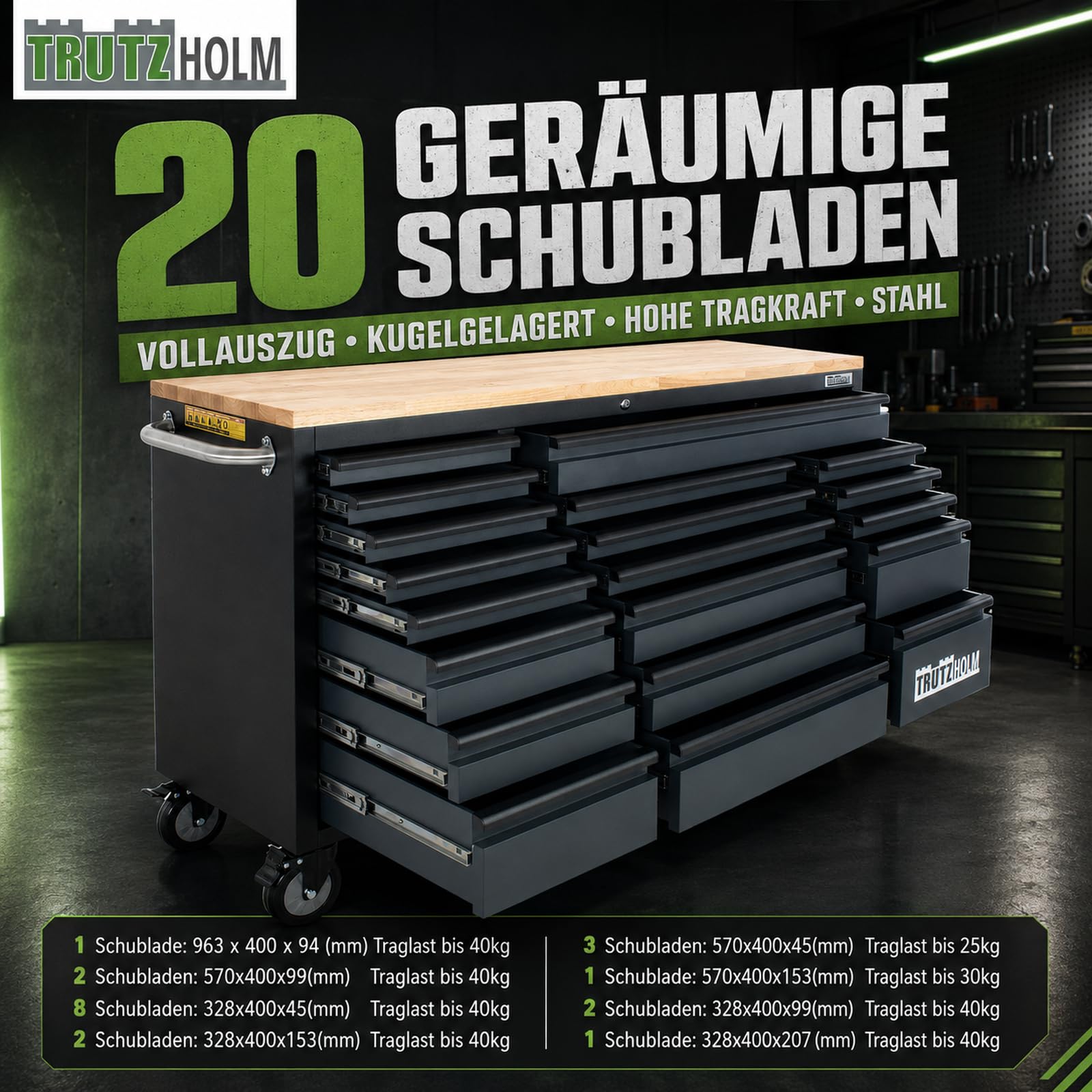 TRUTZHOLM Werkstattwagen Mobile Werkbank Deluxe XXL 20 Schubladen Werkzeugwagen leer (Anthrazit)