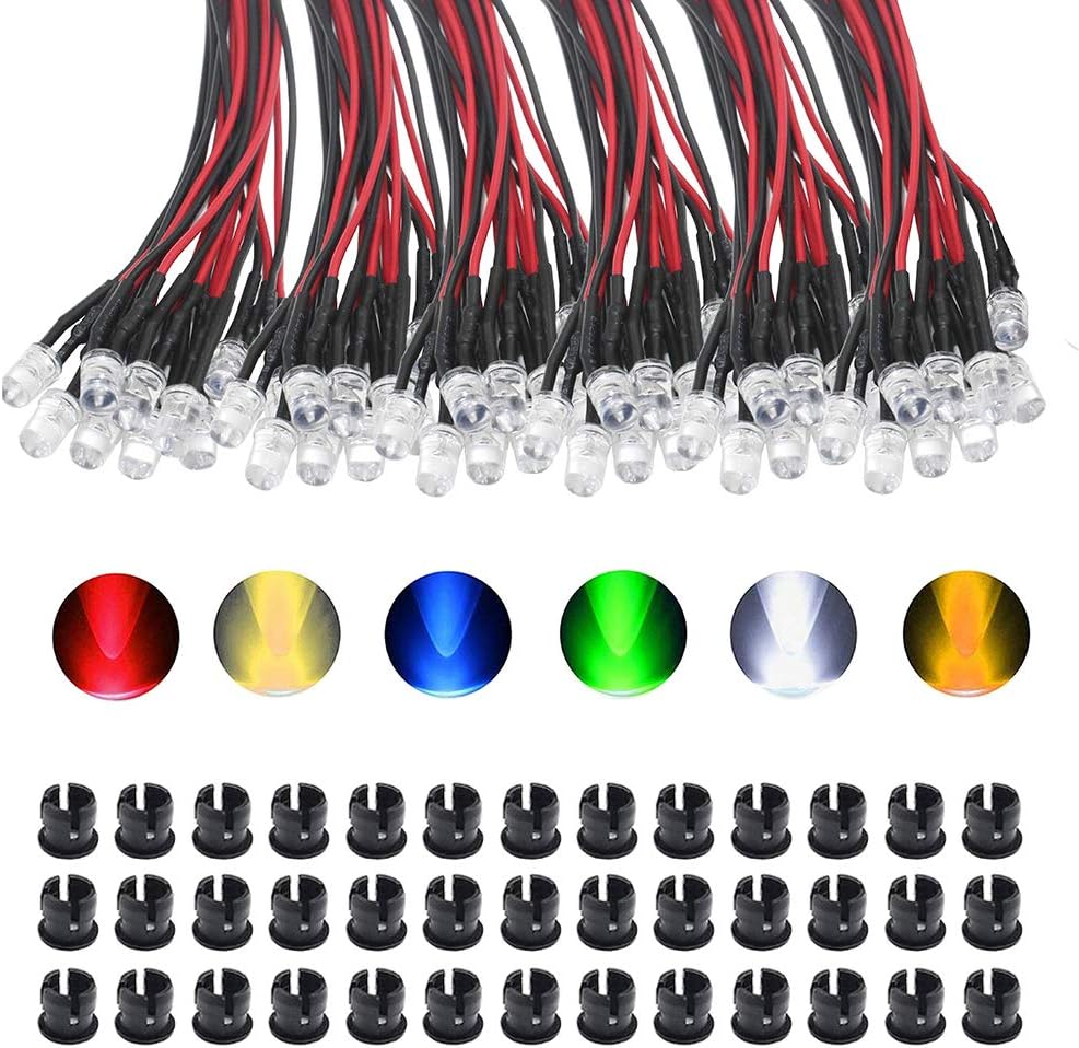 60Pcs 5mm Pre Wired LED Diodes Light Ultra Bright -White Warm White Red Blue Green Yellow (10PCS X 6 Colors) + 60Pcs 5mm Plastic LED Holder LED Light Mounting Holders