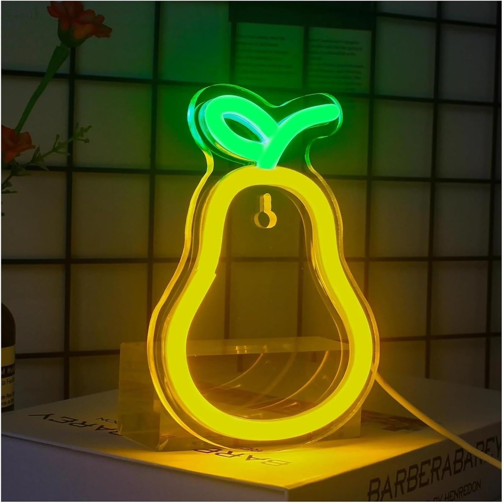 Pannello decorativo con insegne al neon, a forma di pesca, pera e peperoncino, luce LED interruttore, 10,5 cm x 15