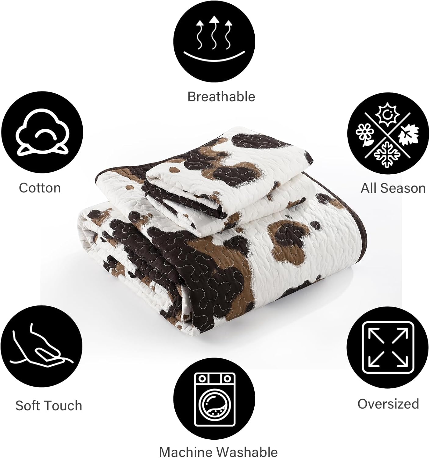 PANGUSHAN 100% Cotton Quilt King Size, Cow Print King Bedspread, King Size Lightweight Comforter, Reversible Western Bedding Set, Rustic Farmhouse Quilt with Pillow Shams, 3 Piece, Brown - Image 5