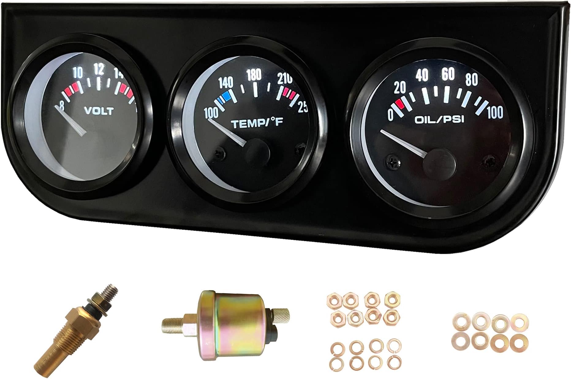 52mm 3 in1 Car Meter Auto Gauge Kit(8-16V Volt Meter +100-250℉ Water Temperature Gauge+ 0-100 psi Oil Pressure Meter) Triple Auto Dashboard Gauge Set with Black Console for 12V Cars