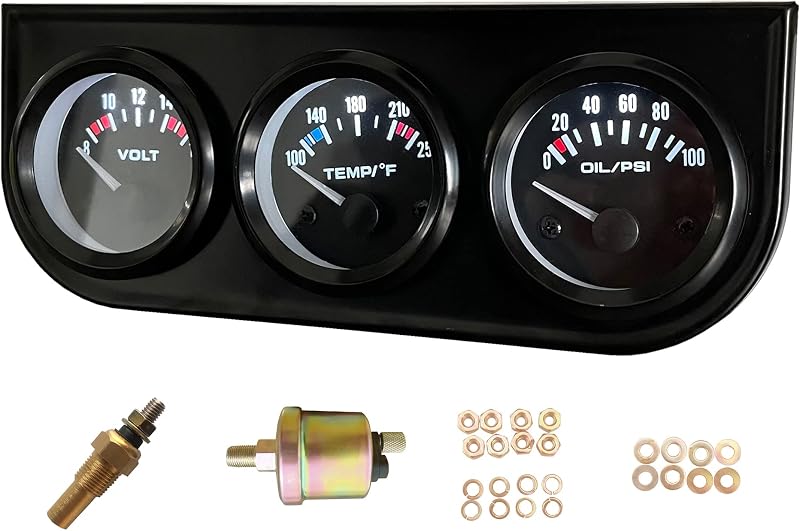 Kit de Manômetros Automotivos 3 em 1 SREUOIL 52 mm – Voltímetro, Temperatura da Água e Pressão do Óleo