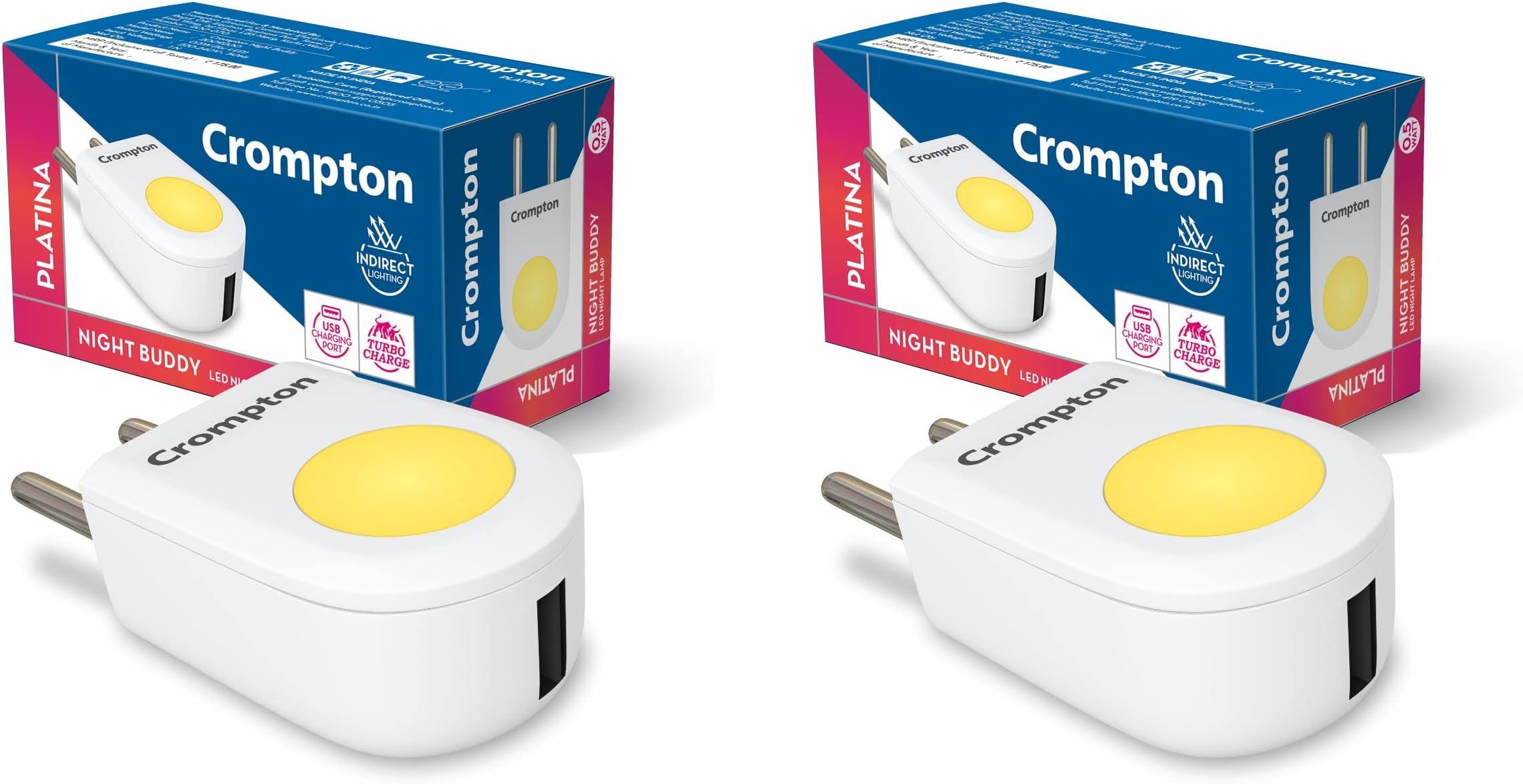 Crompton Night Buddy USB Charger + Lamp|0.5 W|Warm White|Turbo Charge|Indirect Lighting|USB Charging Point|2 Pin Plug|Less Power Consuption|Pack of 2, led