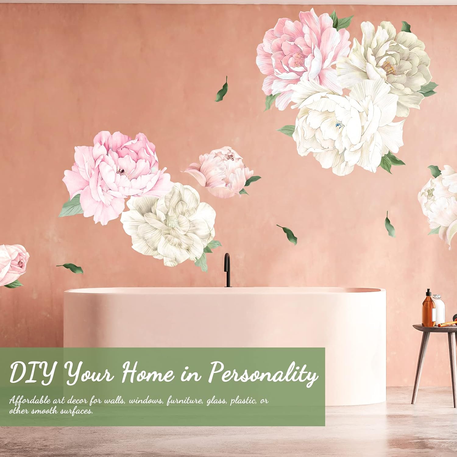 Large Pink and White Peony Floral Wall Decals Peel and Stick Vinyl Peony Flower Wall Stickers Decor for Living Room Bedroom Nursery Kids Girls Room Bathroom