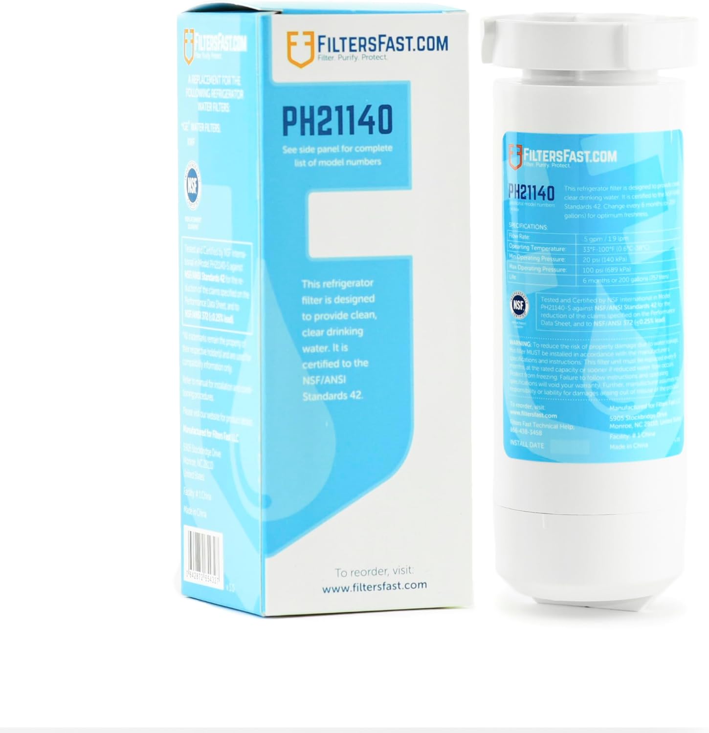 Filters Fast PH21140 Compatible Replacement for GE XWF Refrigerator Water Filter Cartridge Carbon Filter for Fridge Water Dispenser