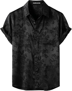 PARKLEES Herrenhemd, Seidensatin, glänzend, Jacquard, Sommer, kurzärmelig, luxuriös, Freizeit, Blumenmuster, Button-Down-Shirt