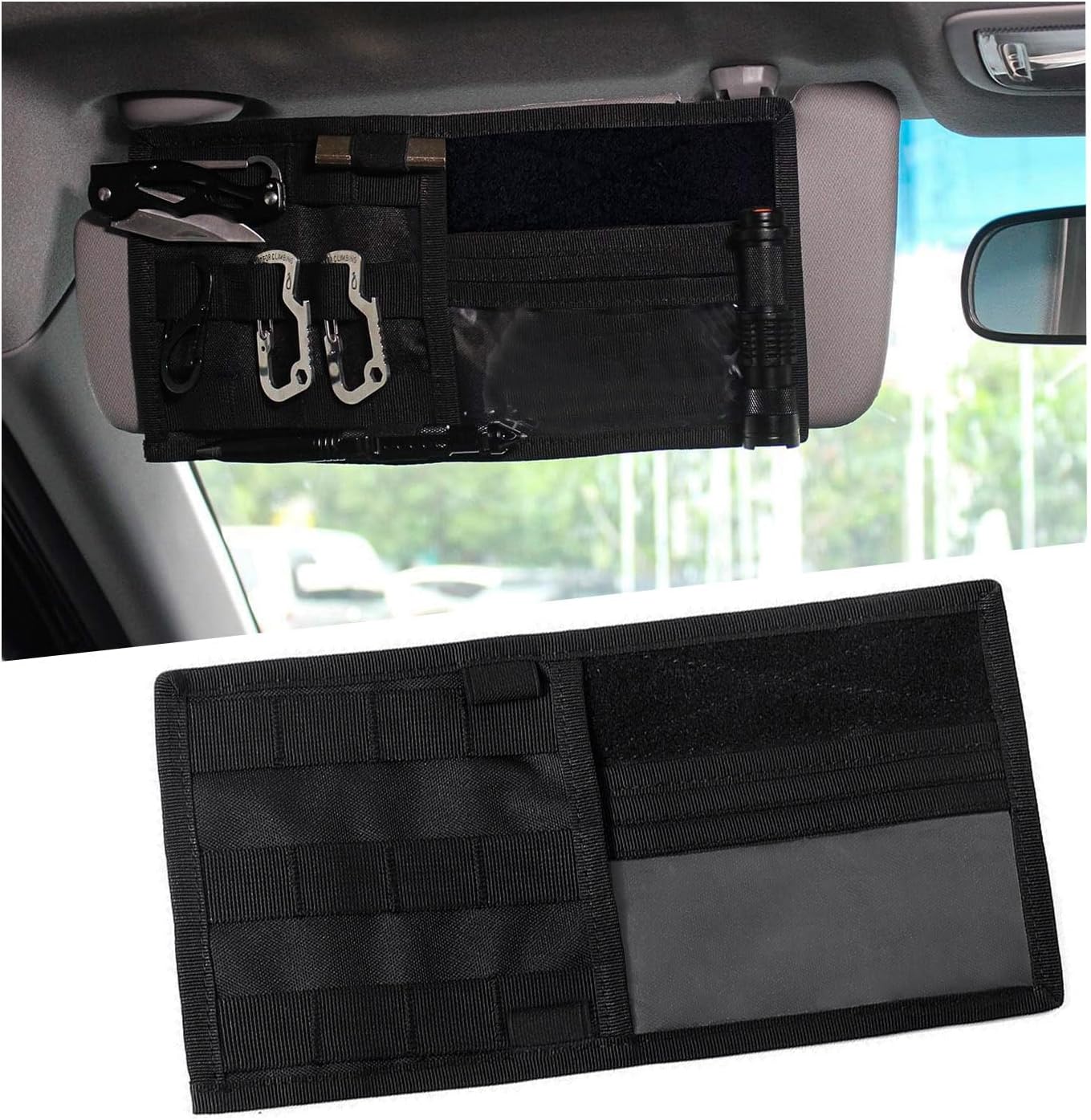Car Sun Visor Organizer, Tactical Nylon Vehicle Visor Panel Storage Holder Pouch Bag, Molle Multifunctional Sunshade Pocket for Pen Card Sunglasses, Car Accessories (Black)