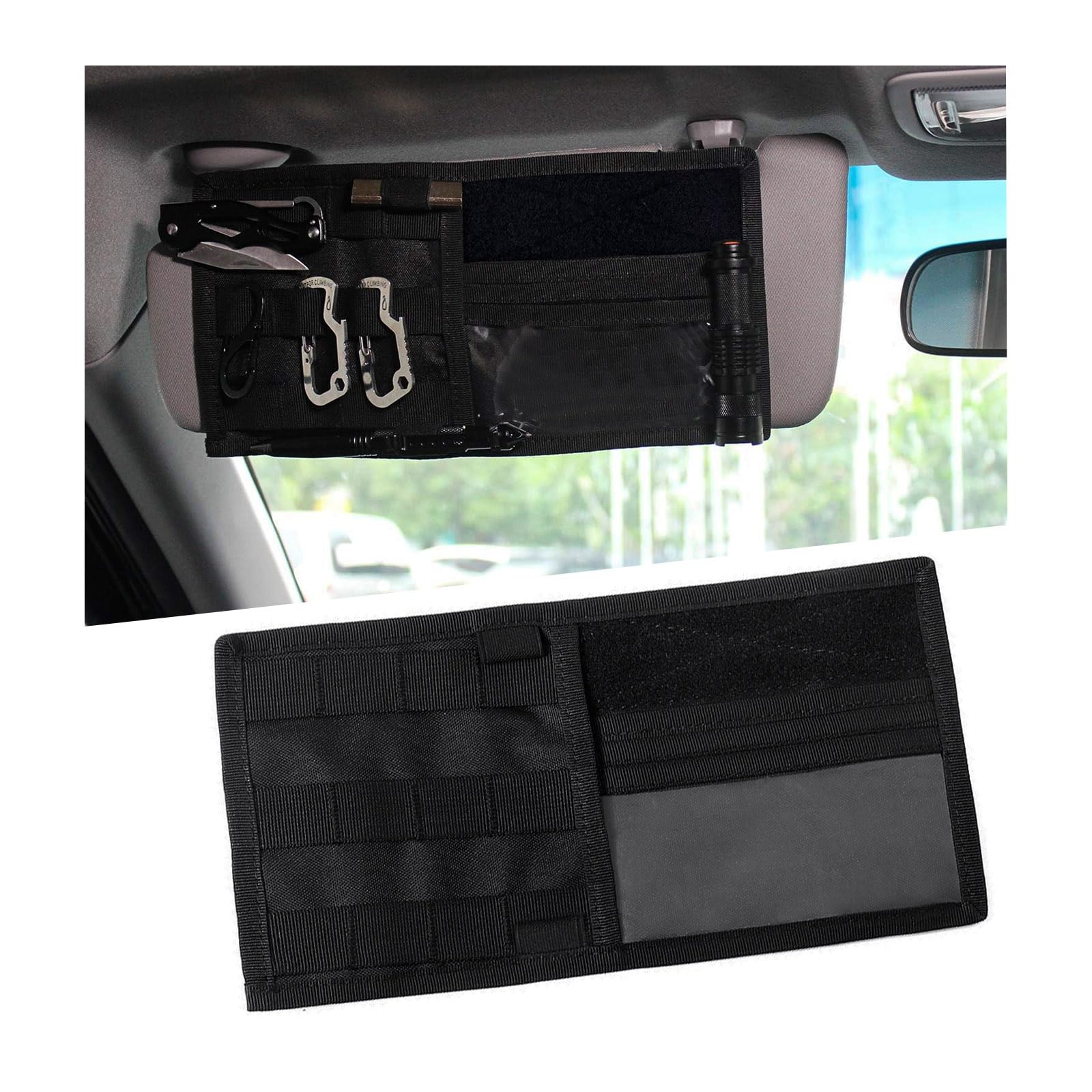 Car Sun Visor Organizer, Tactical Nylon Vehicle Visor Panel Storage Holder Pouch Bag, Molle Multifunctional Sunshade Pocket for Pen Card Sunglasses, Car Accessories (Black)