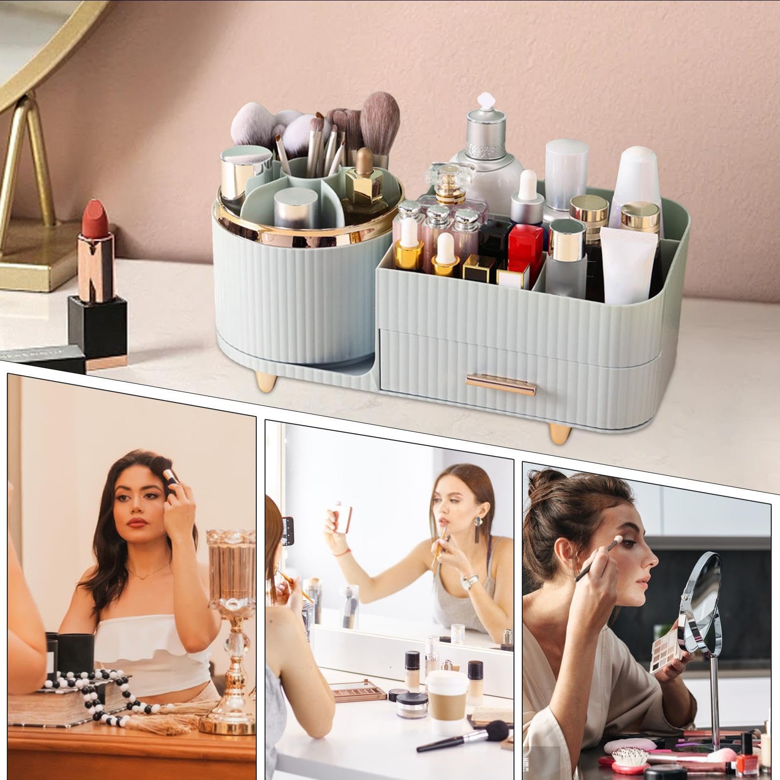Scatola portaoggetti rotante per trucchi, organizer da scrivania, elegante ed elegante, per pennelli da trucco, eyeliner, rossetto, lozione, smalto per unghie