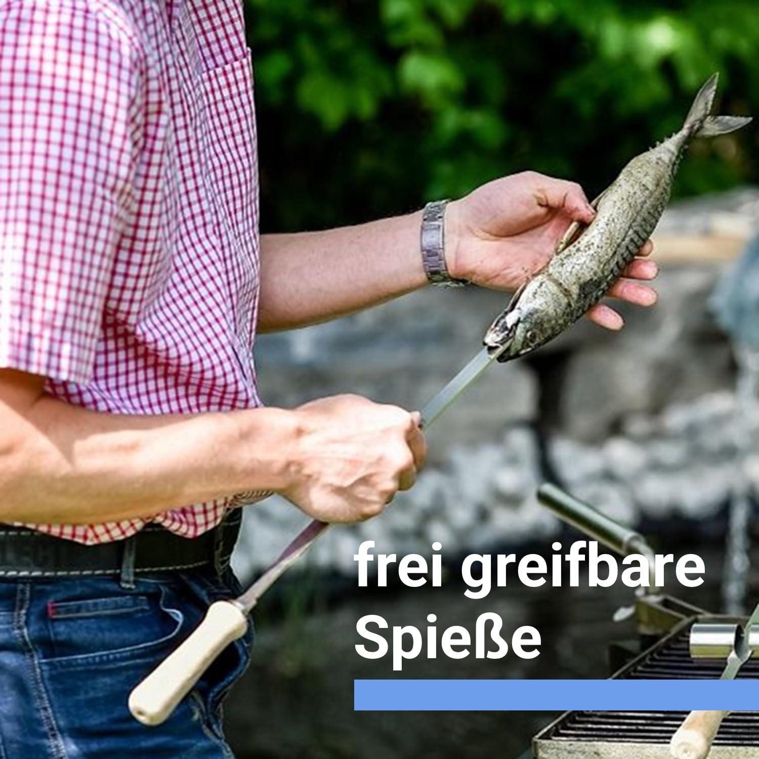 SCHILLING Fischgrilltechnik/Steckerlfisch Halter/Feuerschale/Feuertonne/Edelstahlspieße / 4 Fische